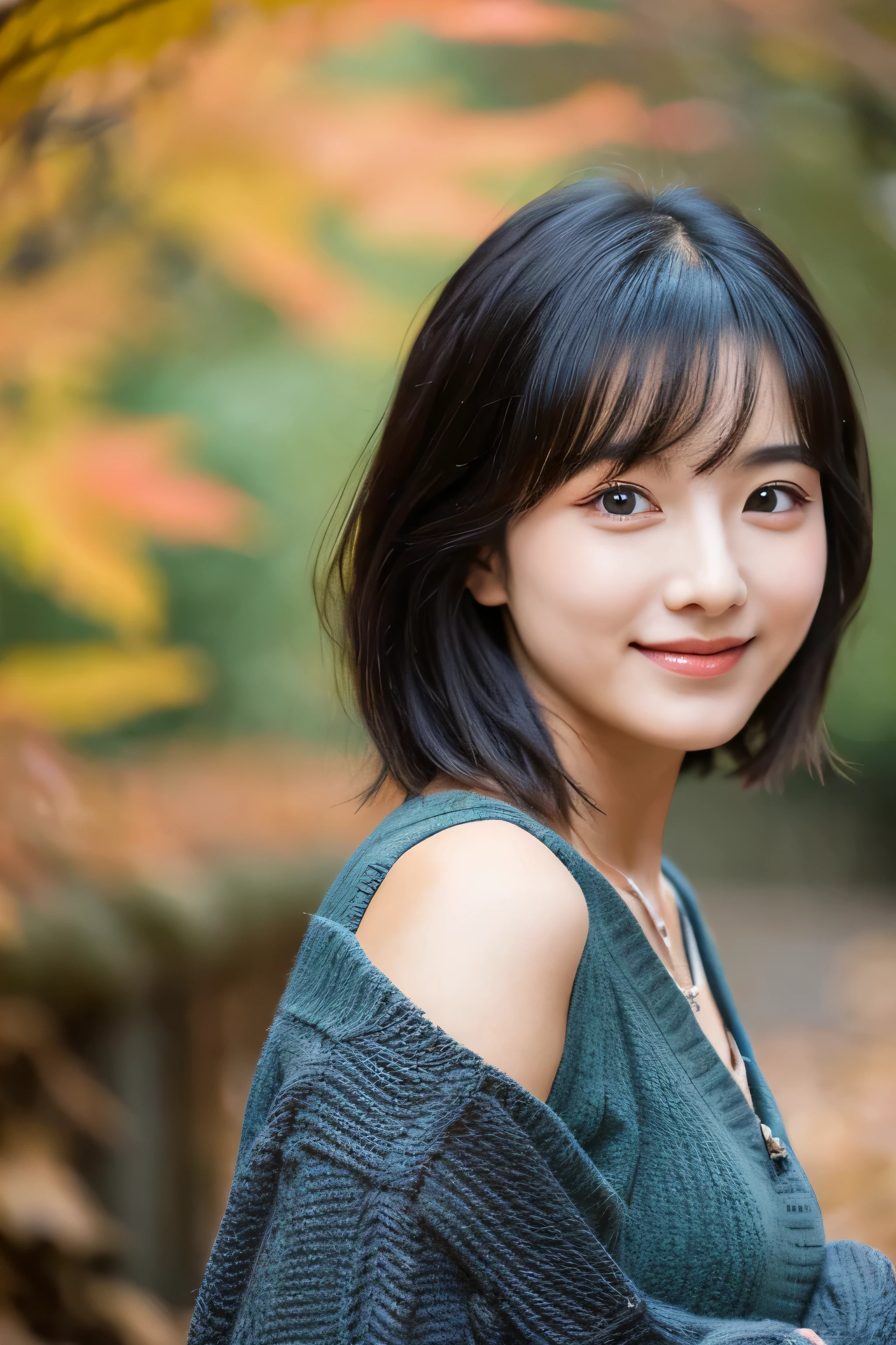 22 years ago(young)、black hair bob、natural and light makeup、It looks like autumn、smile、Japanese、natural finish、towards the autumn leaves、portrait image、cute