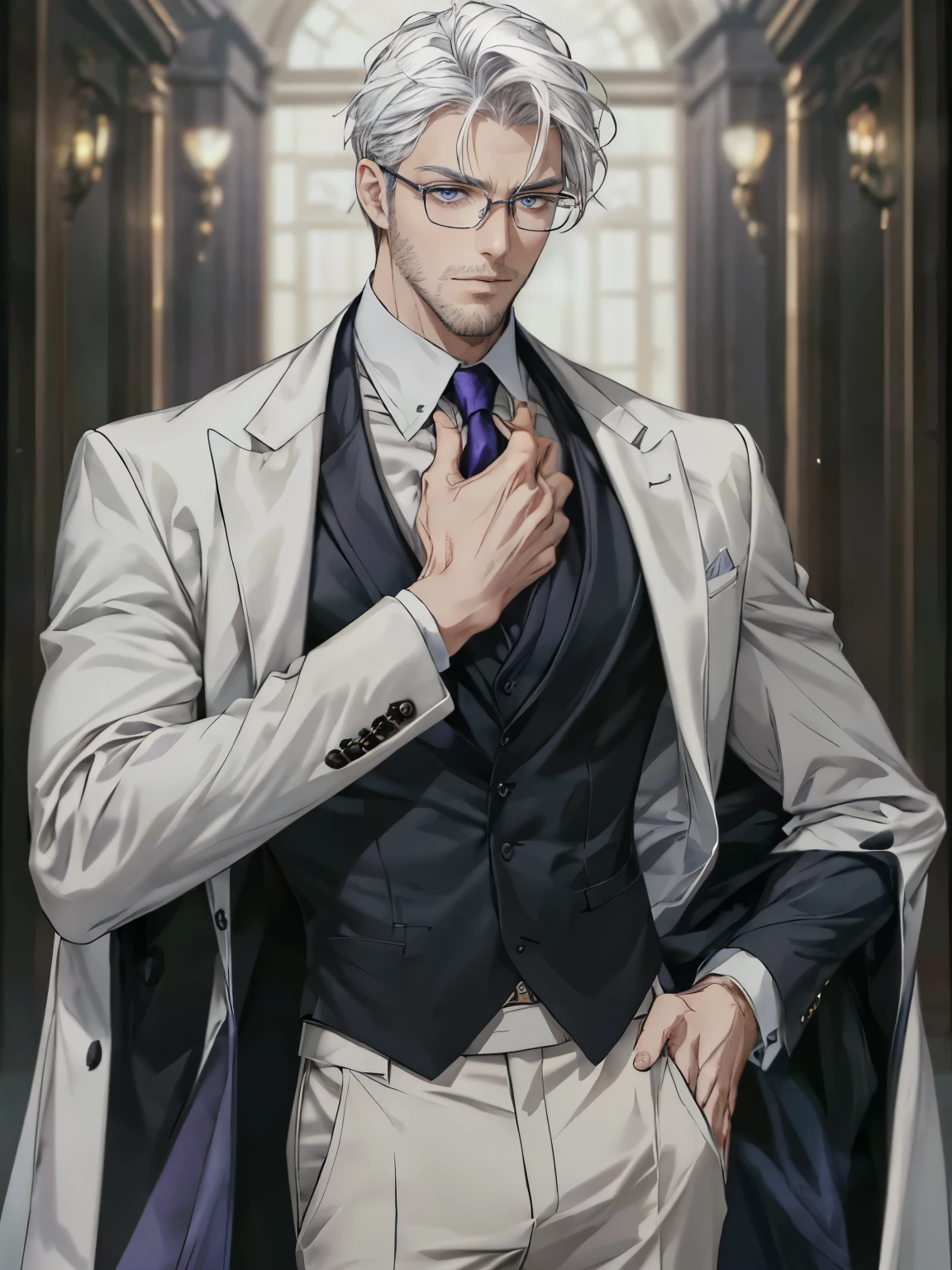 gentle，uncle，middle aged male tall，masterpiece, best quality, lifelike, 1 boy, alone, male focus, looking at the audience, , （beard：goatee）,An attractive and refined man with white hair, dressed in a sleek white suit, and paired with purple eyes that seem to peer into one's soul, sportive glasses that add a scholarly touch to his demeanor. His tall and lean figure is both commanding and graceful, exuding an aura of professionalism and approachability. Despite his powerful psychological abilities, he remains ethical and uses his skills to help others.
