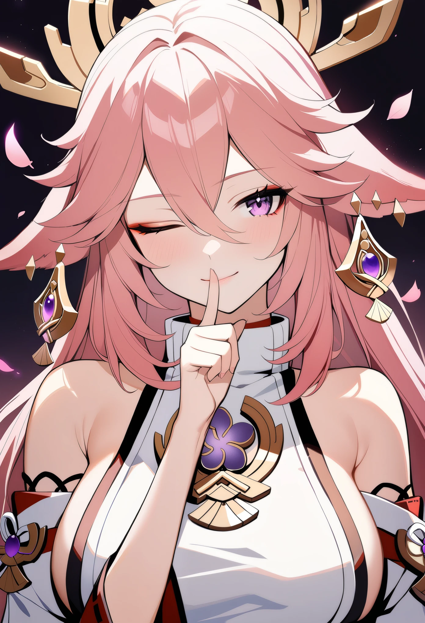 1girl, yae miko, genshin impact, upper body, pink hair, very long hair, fox ears, white shirt, breasts, looking at viewer, light smile, one eye closed, shushing, petals, masterpiece, best quality