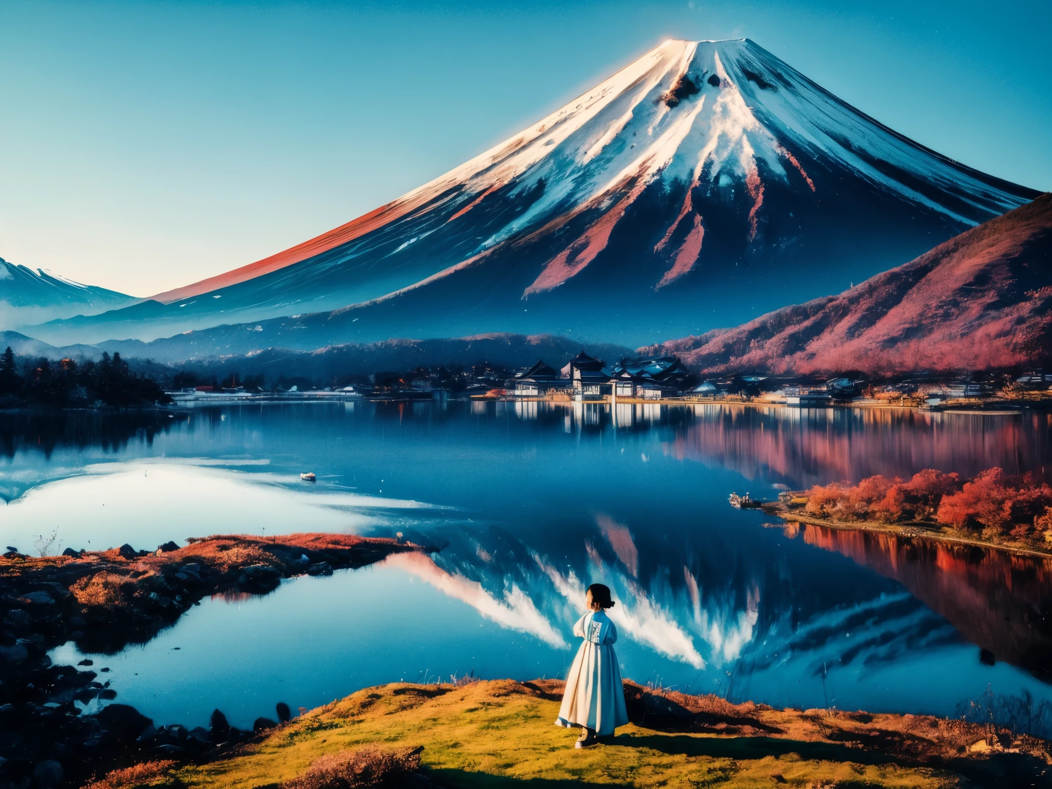 (((Wu Guanzhong's style))), Mt.Fuji, lake scene, a girl