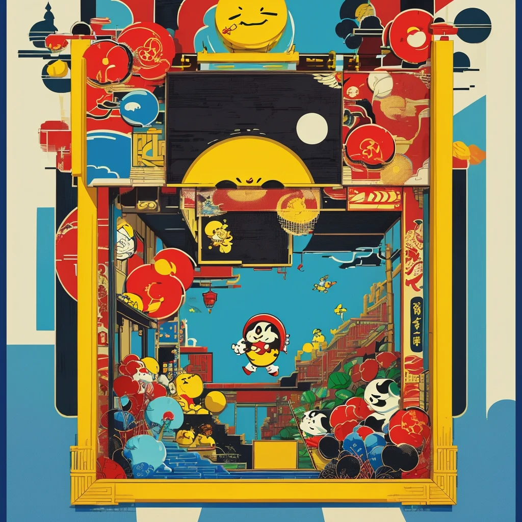 the video game play of 'pac-man' reimagined in the art style of Wu Guanzhong, bamboo framed arcade game