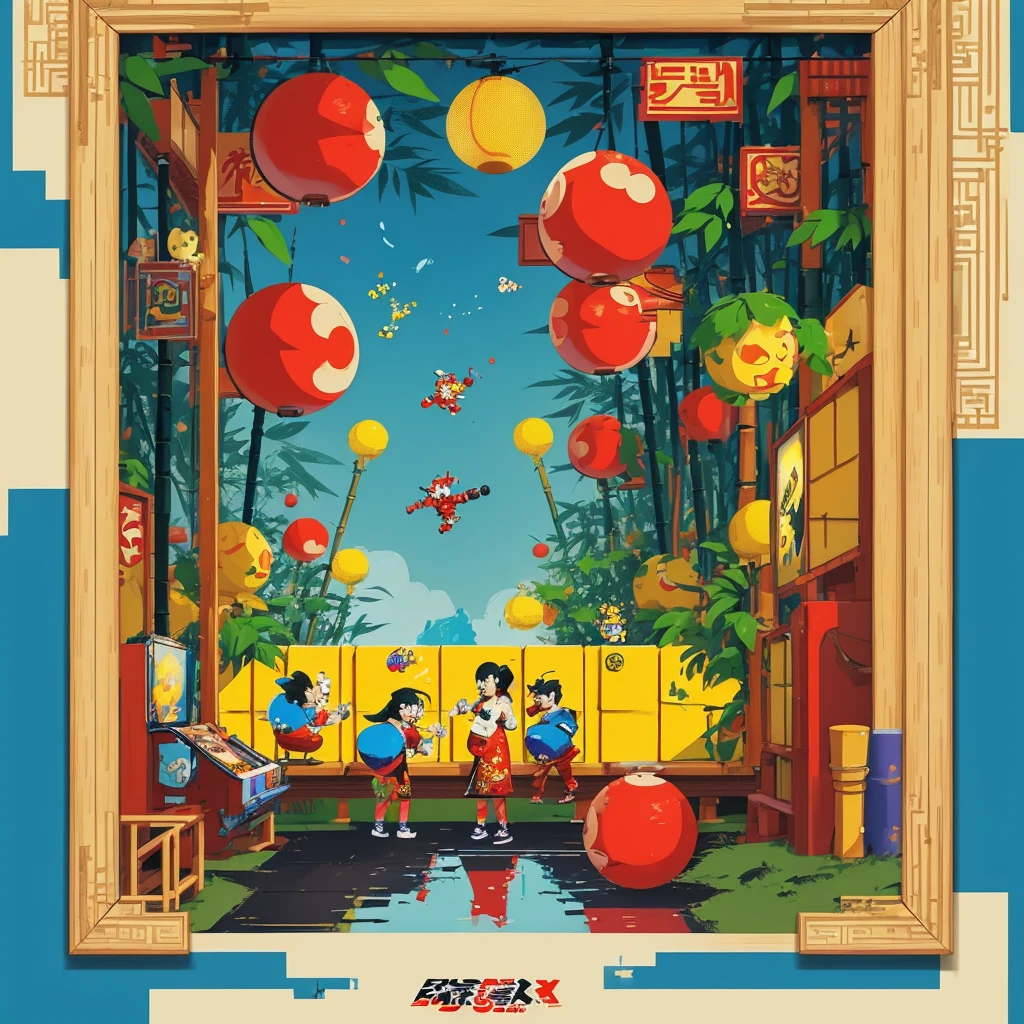 the video game play of 'pac-man' reimagined in the art style of Wu Guanzhong, bamboo framed arcade game