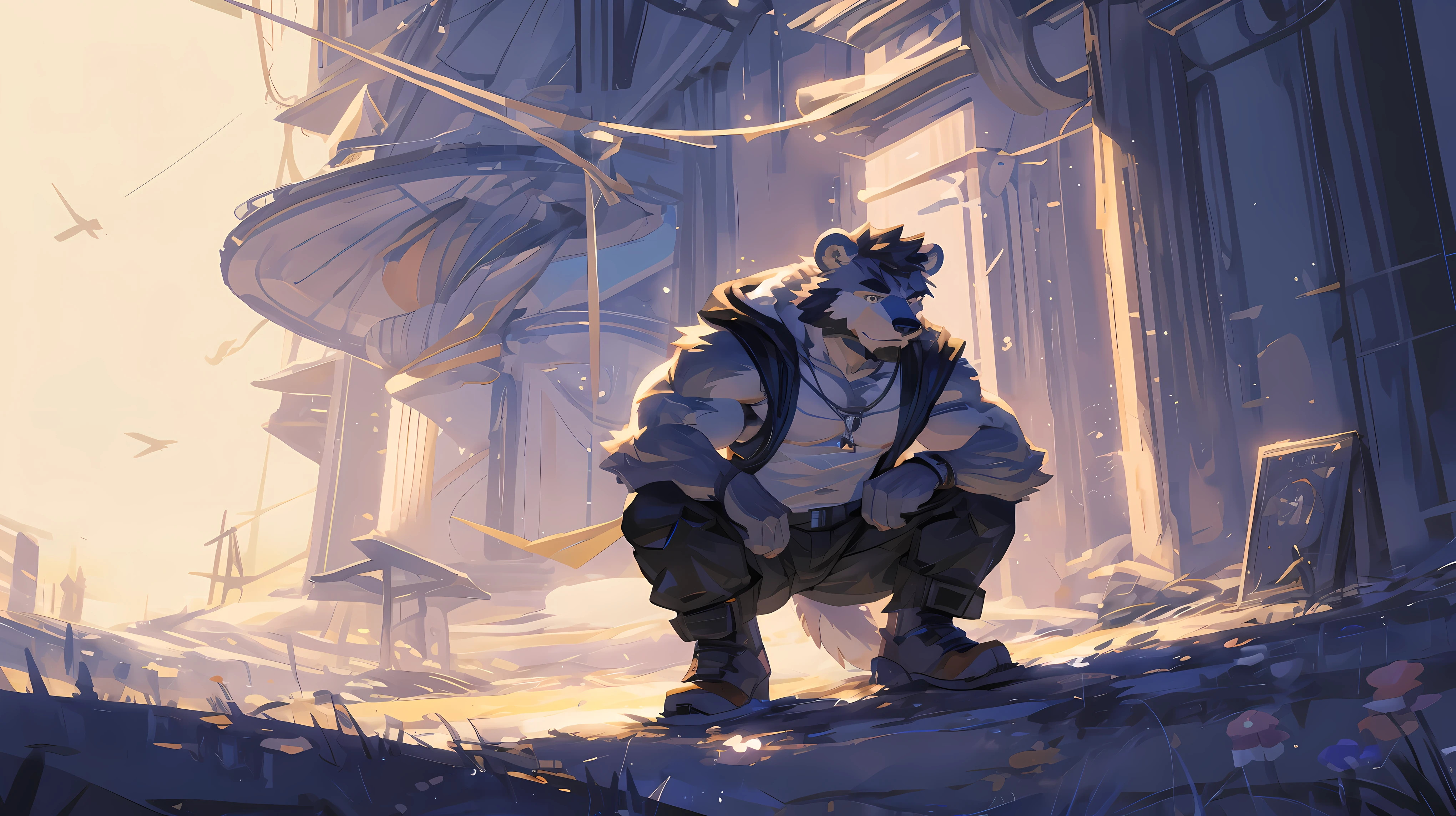  (masterpiece:1.2), best quality,pixiv,official art,(Ray tracing,movie lighting),cloudy_Sky,(1_male:1.3), alone, Humanity, (muscle), (gray fur:1.4), (muscle熊), (bear tail), (beard:1.2), halfway, Thick eyebrows, (White background :1.3), full_Body, black vest, open hoodie, cargo shorts, boots ,Garland on the head, It has white wings on the back, Angel ,Kneel down on one knee ,flight