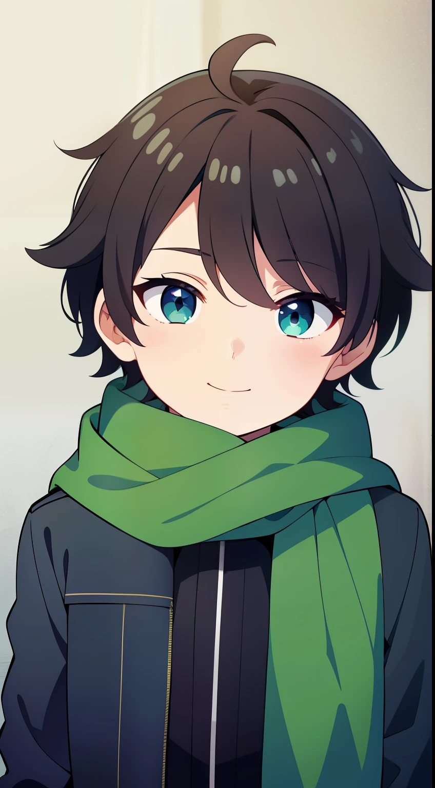 (high-quality, breathtaking),(expressive eyes, perfect face), 1boy, male, solo, grey background, dark brown hair, green blue eye color, fluffy hair, short hair length, wavy hair, green scarf, black denim jacket, dark blue hooded shirt, childrens clothing, 4 leaf clover on clothing, age 6, cute face, soft round eyes, cute smile, adolescent age, ??? age, short, open jacket
