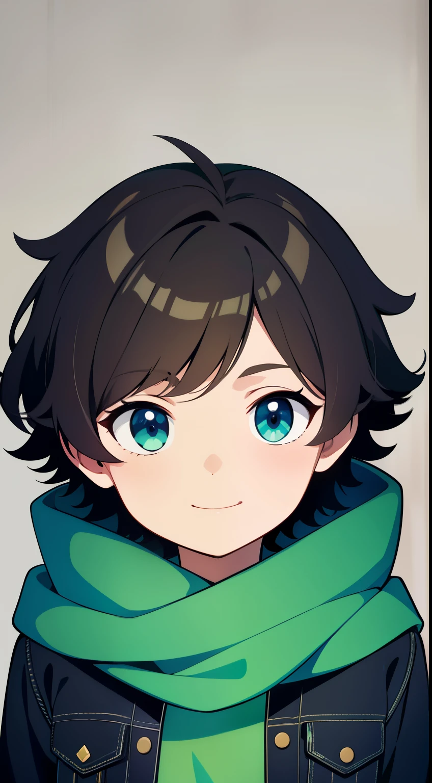 (high-quality, breathtaking),(expressive eyes, perfect face), 1boy, male, solo, grey background, dark brown hair, green blue eye color, fluffy hair, short hair length, wavy hair, green scarf, black denim jacket, dark blue hooded shirt, childrens clothing, 4 leaf clover on clothing, 6, cute face, soft round eyes, cute smile, adolescent ageid agt, open jacket