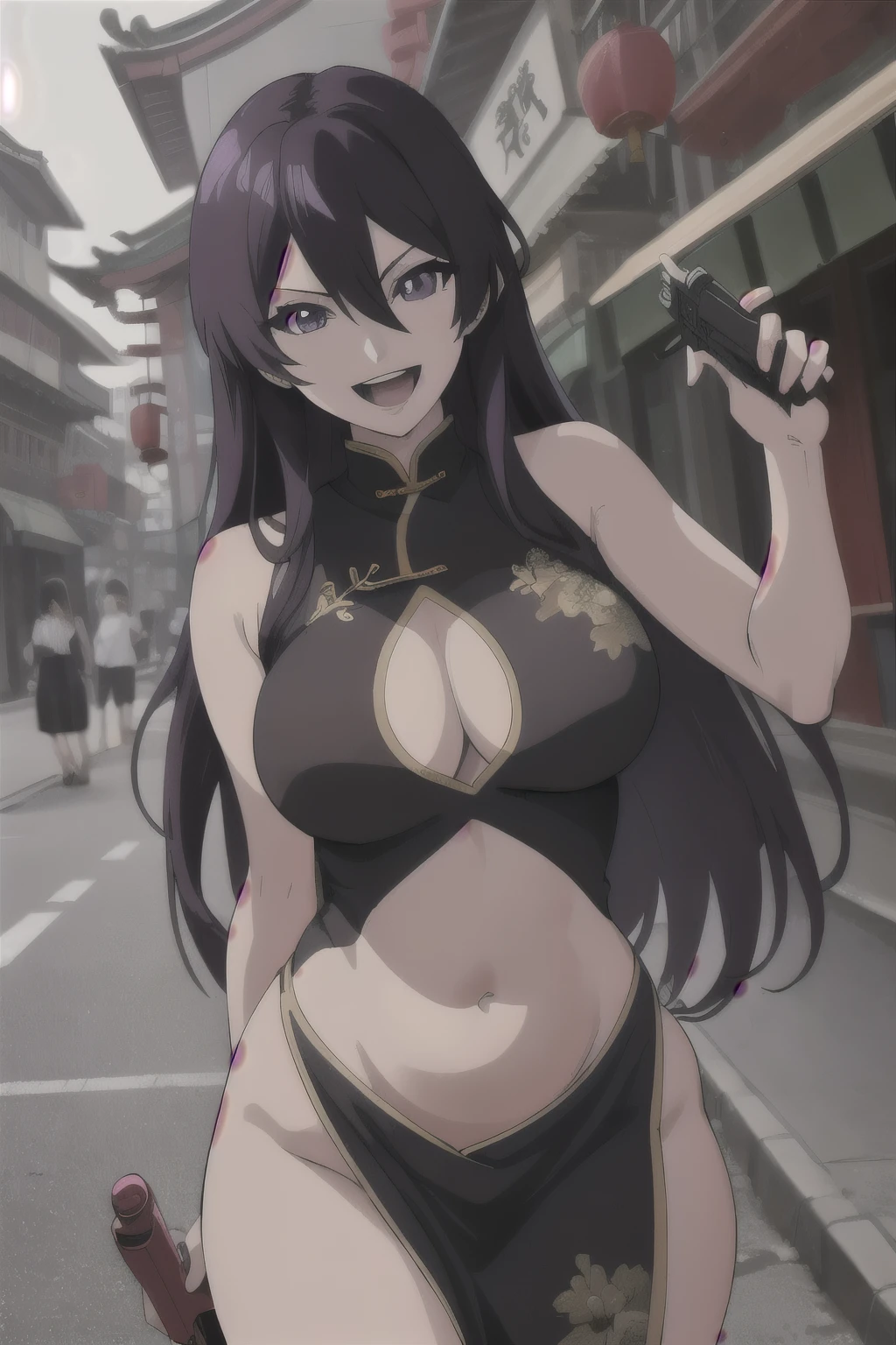 BambiettaDef, 1girl, solo, black hair, bangs, purple hair, purple eyes, hair between eyes, very long hair, brown eyes, long hair, breasts, large breasts,
masterpiece, best quality, highly detailed, a anime girls in china dress with navel cutout holding a gun
posing for a picture, navel cutout, crop top, china dress, ecchi anime style, evil smile, open mouth,
smile, anime girls, ecchi style, ecchi, digital anime art!!, in anime style, official artwork, (nsfw) not safe
for work, beautiful anime girl, anime style 4 k, pelvic curtain, exposed belly, exposed navel, exposed
midriff, exposed lower belly, holding a gun, chinatown, outdoor,street,road