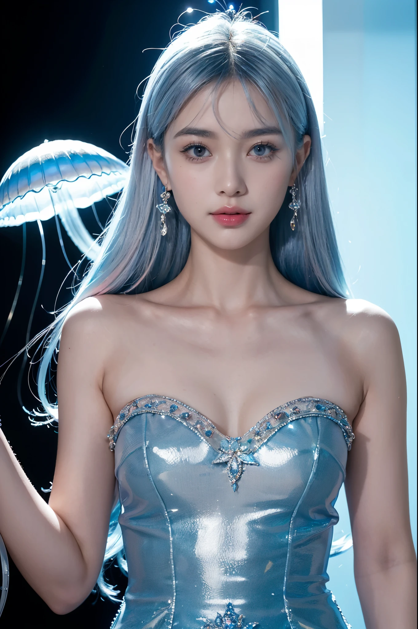 (extra detailed body、extra detailed face、best qualtiy:1.2)、femele、looking at the viewers、((Silver, light blue and blue gradient hair color、Wacky dress for a fashion show with a jellyfish motif、Fancy makeup、accessorized)、(Jellyfish tank in the background)