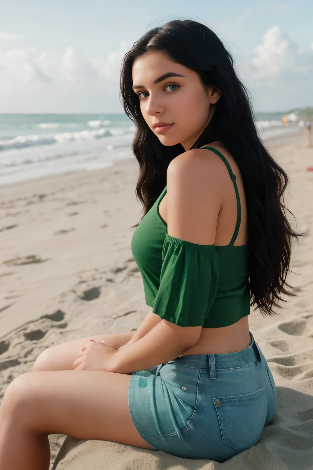 20 year-old Hispanic girl,long black hair and striking green eyes.20 year-old Hispanic girl,long black hair and striking green eyes.In a hurry.The background should be a girl on the beach sitting in the sand wearing a red top and jean short. Capture this image with high resolution photography using an 85 mm lens for a flattering perspective.