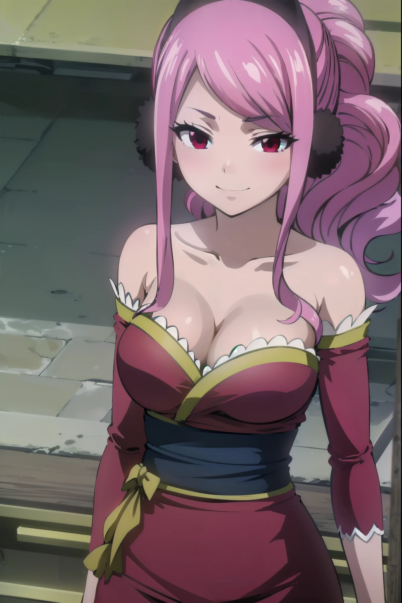 MEREDY, LONG HAIR, (RED EYES:1.5), PONYTAIL, PINK HAIR, (SWEPT BANGS:1.5), DRESS, BOW, CLEAVAGE, BARE SHOULDERS, DETACHED SLEEVES, EARMUFFS, RED DRESS, SASH, YELLOW SASH, 1girl, solo, facing viewer, looking at viewer, upper body, smile,