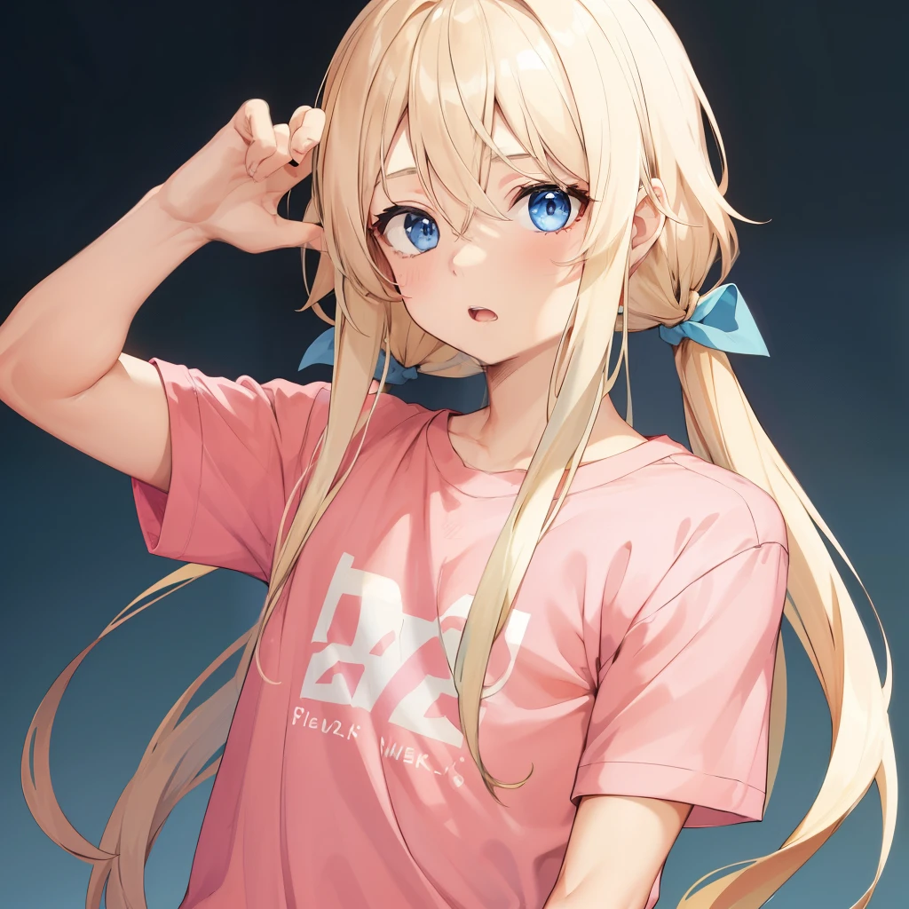 1boy, blonde hair, blue eyes, long hair, pink shirt 