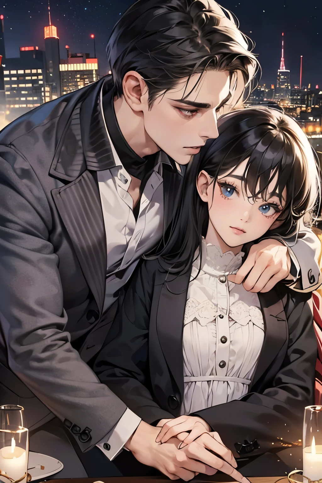 (table top, digital art, digital illustration,like the photo、4k, 8k, Super detailed, beautiful images, clear image, realistic, RAW photo, perfect face, perfect lines, perfect eyes,) 1 female, (long black hair,straight hair,bullish look,Beautiful woman,suit,solid makeup,small breasts、23 year old female,:1.3),secretary, suitを着たハンサムな男性 2 人, (human,suitを着た男,muscular,solid shoulder width, human,boyish hairstyle,british gentleman's style,A man in his 30s with a cool expression,28 year old man with a bright smile:1.2),Moonlight night、City of night、Moon and light、illumination、couple、coupleキス、romance、romanceポルノ、look at each other、hug each other