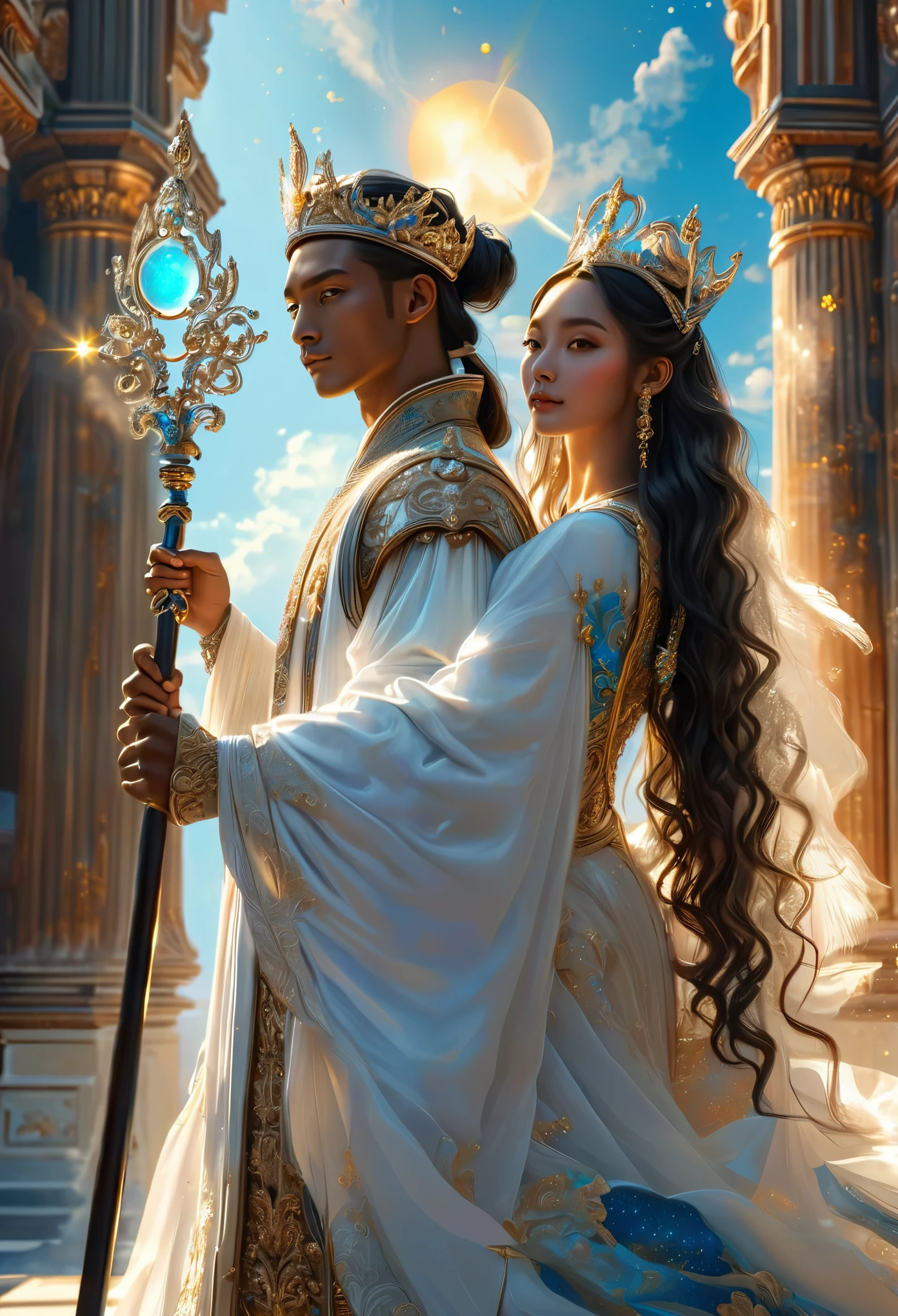 (masterpiece, best quality:1.2), A couple in heavenly palace, two young ((black-skinned)) imperial judges in a celestial court, a beautiful young man with long hair and a beautiful pregnant woman with long hair, holding scepter and lance, visage très fins, visages parfait, corps entier, 8K, extremely detailed, (((high quality, realistic, photorealistic:1.37)))