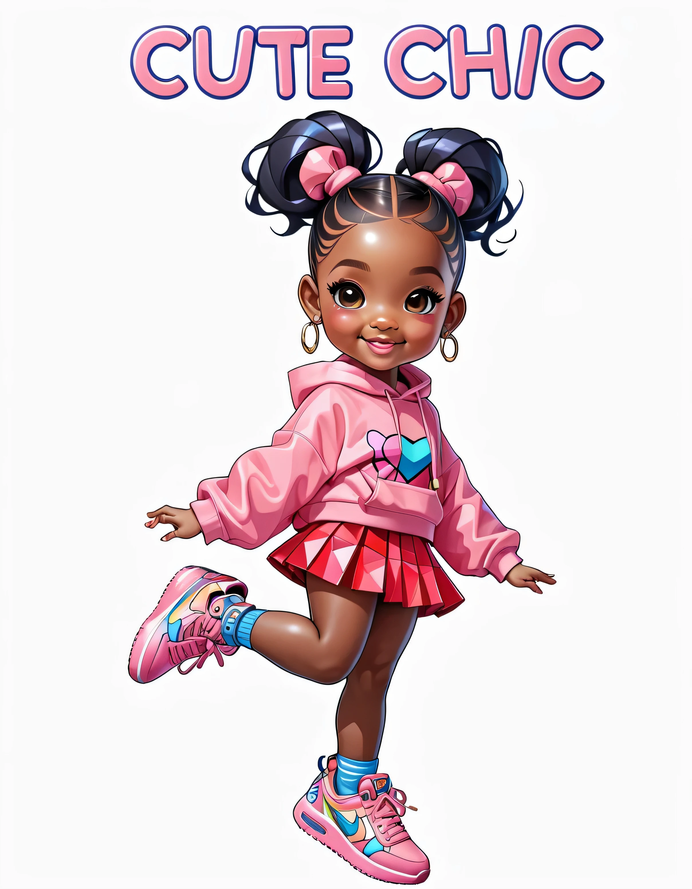 full body shot, ((|) (cute black baby girl with ponytails smiling with fashion pose) fashion illustration)), hands in the air, acolchoamento ,multidimensional geometric wall PORTRAIT, arte, Chibi, bubble gum pink short hoodie, pink short skirt, pink shoe, pink sneakers, Yang016K, lindo,(( Predominant red coloration ,azul e branco)) Primary works, qualidade superior, melhor qualidade, , Beautiful and Aesthetic,), Eduardo Kobra acolchoamento ,multidimensional geometric wall PORTRAIT, arte, Chibo,detalhes, (good hand), (good leg),