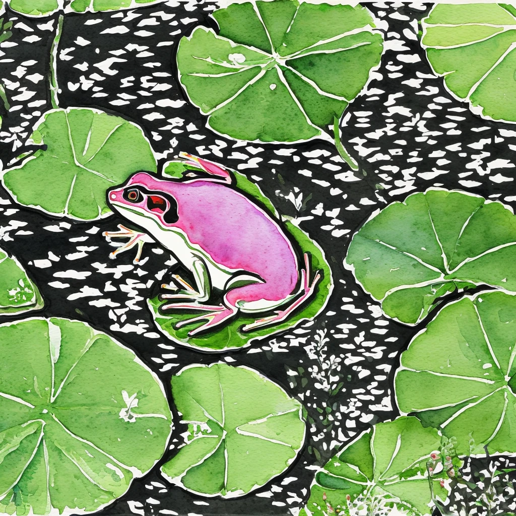 A frog on a lily pad in a pond, (painted in watercolor on rice paper) (art style of Wu Guanzhong)