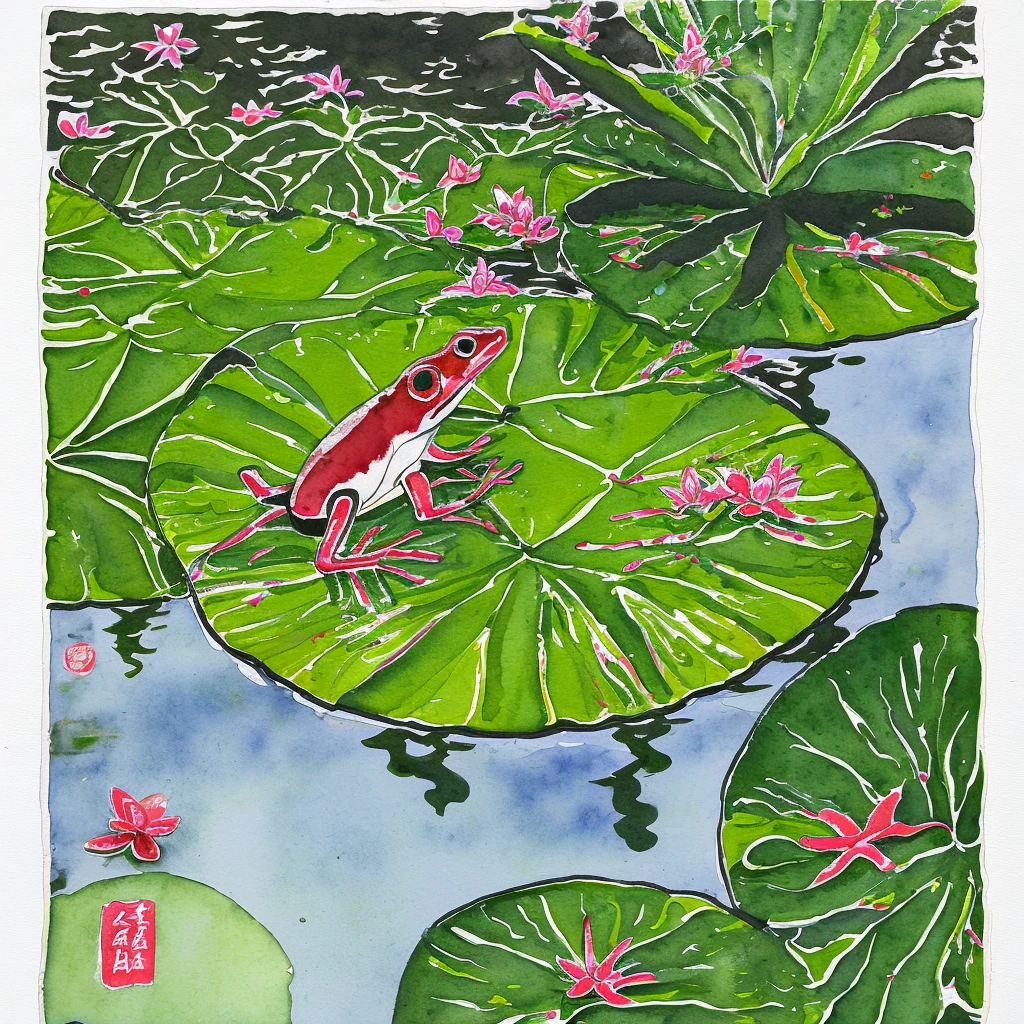 A frog on a lily pad in a pond, (painted in watercolor on rice paper) (art style of Wu Guanzhong)