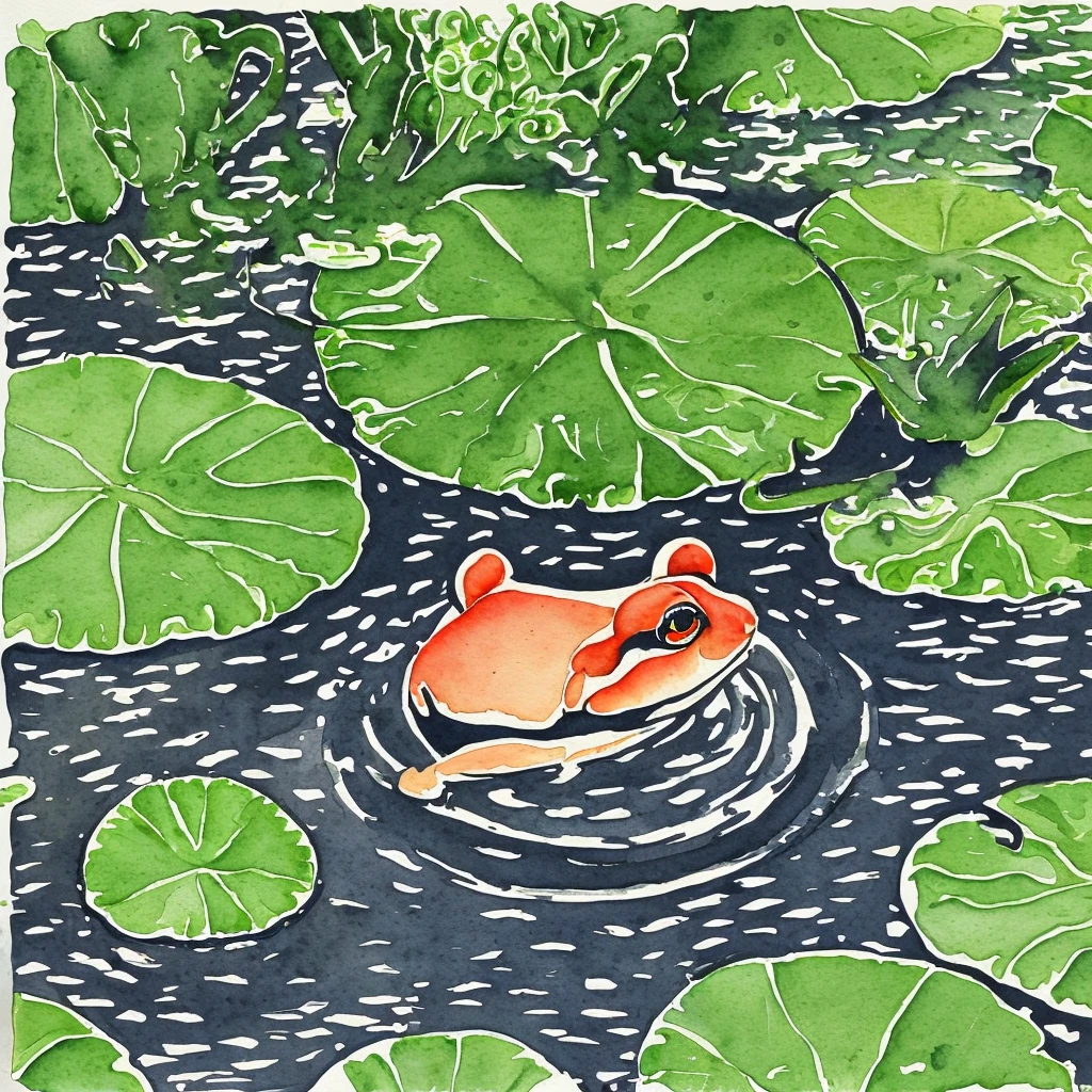 A frog on a lily pad in a pond, (painted in watercolor on rice paper) (art style of Wu Guanzhong)