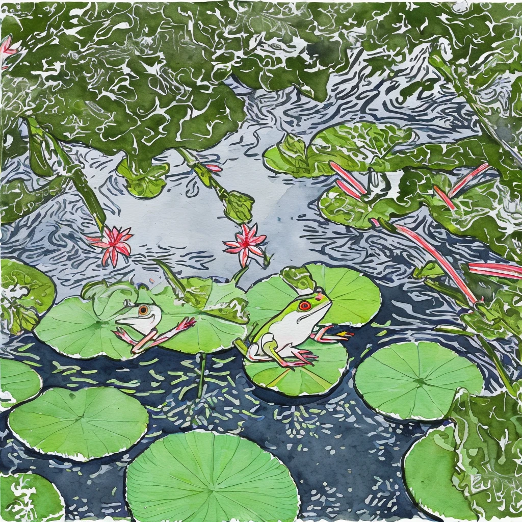 A frog on a lily pad in a pond, (painted in watercolor on rice paper) (art style of Wu Guanzhong)