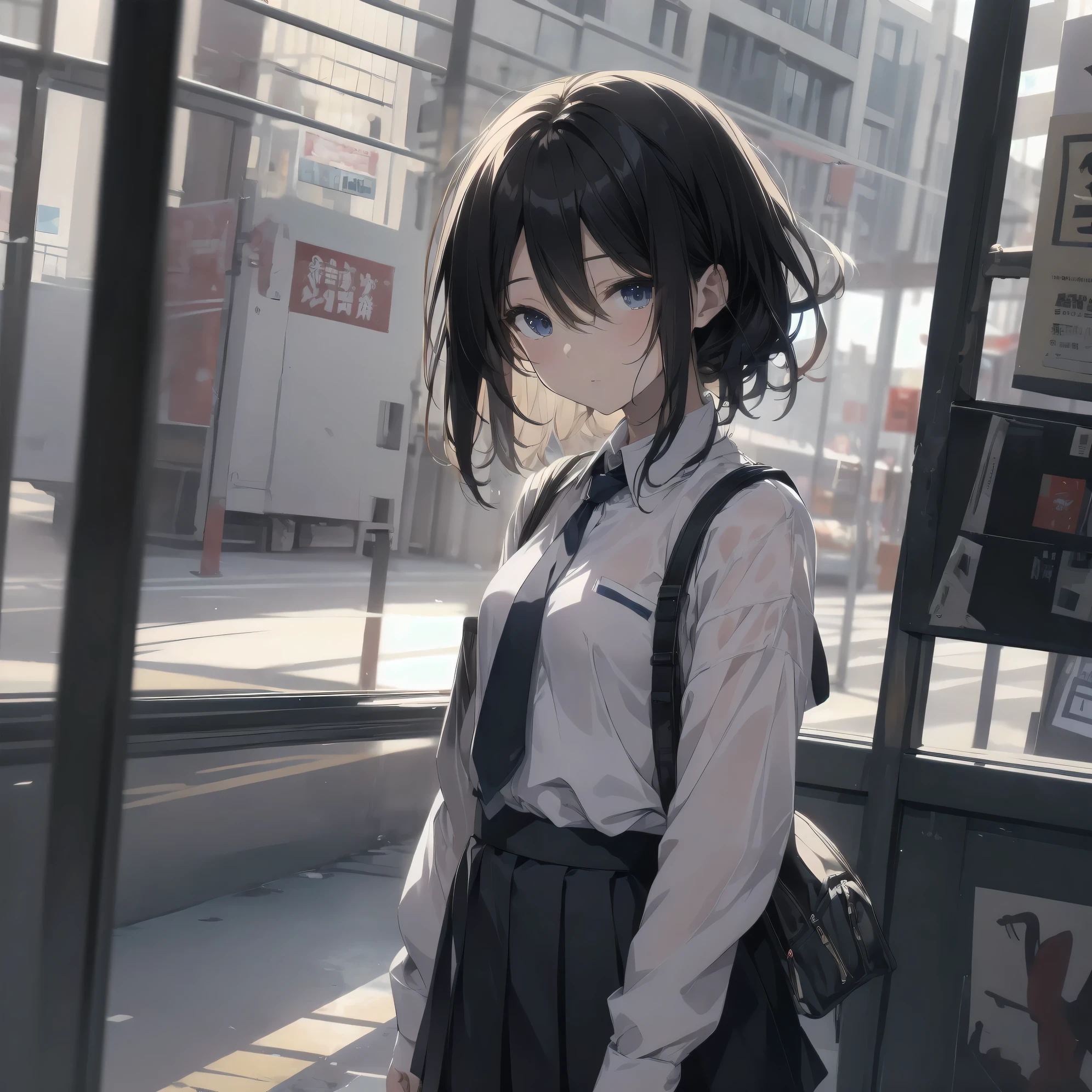 Super absurd quality by the god of art, super detailed, High resolution, anime moe art style, Best Anime 8K Kona-chan Wallpaper, pixiv contest winner, perfect anatomy, break,(眠そうにalone学校へ行く女の子を描いてください. )break,1 girl, (alone,little woman, cute face,13 years old:1.3),All limbs, full finger,, The charm of an immature body, (very_short hair), boyish short cut, bangs,flat chest, small ass, between legs, small eyes, small black eyes, detailed and beautiful eyes, Well-proportioned iris and pupils, expressive eyes, High resolutionの詳細な髪, neck ribbon, skirt, collared shirt, pleated skirt, school uniform, (detailed lighting), (detailed background), On the way to school. break,super dense skin, Best cinematic lighting powered by famous artist, 8k,Beauty Illustration,photoshop_(Moderate),Absurd Hi-Res,Hmm,rough skin,break,((artist:dark black,)) artist:Rinzo, artist:mitsumi misato,artist:akinashi yuu
