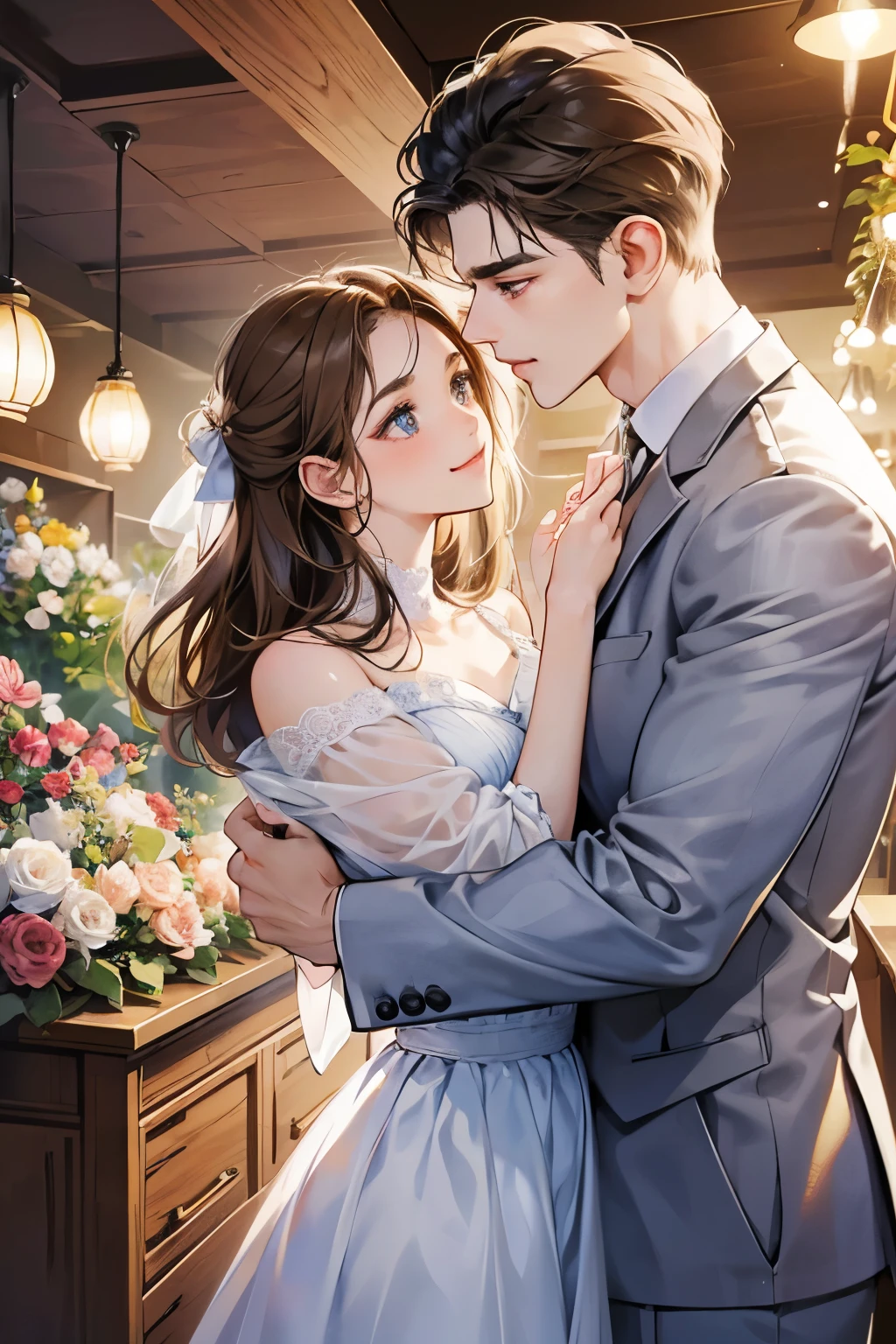 (table top, digital illustration, like the photo、4k, 8k, Super detailed, beautiful images, clear image, perfect face, perfect lines, perfect eyes, soft lighting) 1 female, (light brown hair,chignon hair,innocent look,droopy eyebrows,droopy eyes、With a round face,round chin、innocence,cute,Big eyes,natural makeup,smile gently,E cup,23 years old:1.3),Two handsome men in suits, (human,man in suit,muscular、solid shoulder width, boyish hairstyle,A man in his 30s with a cool expression,28 year old man with a bright smile:1.2),garden full of light、lots of flowers、colorful flower light,(embarrassing,shy smile:1.2),kiss、カップルkiss、romance porn、couple of man and woman hugging each other、flower shop