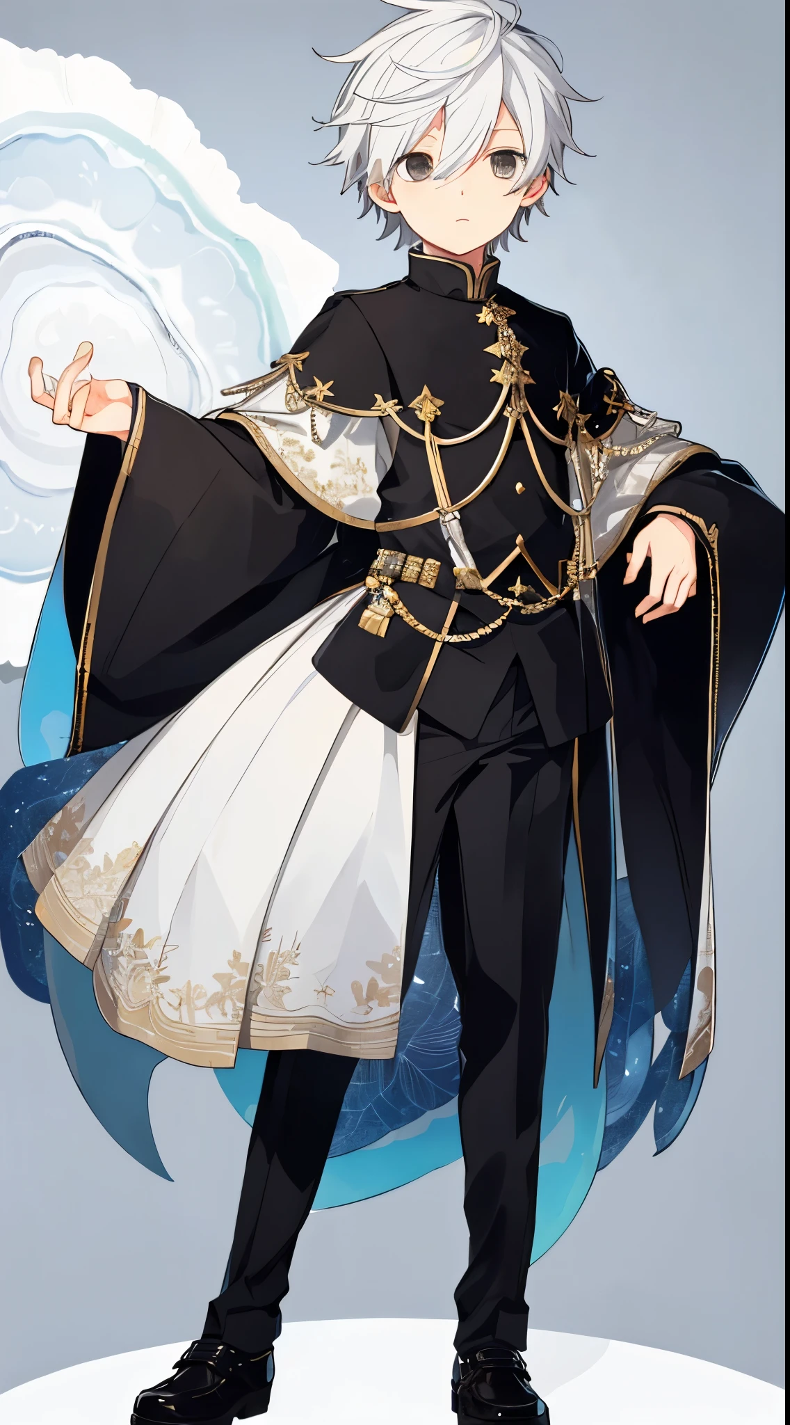 ((Full body)), (a boy), (super detailed), male role, ((shota)), ((idol clothes)), ((oyster white hair)), ((black eyes)), high quality