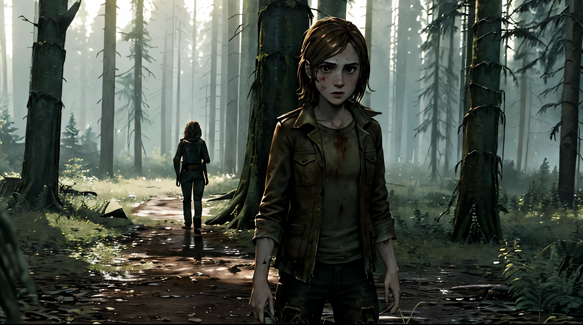 Hermione Granger + the last of us элли game (Hermione as Ellie) survives in the forest with Joel kills zombies, intestines, blood, fatigue, hope, rage, anger. post apocalypse.