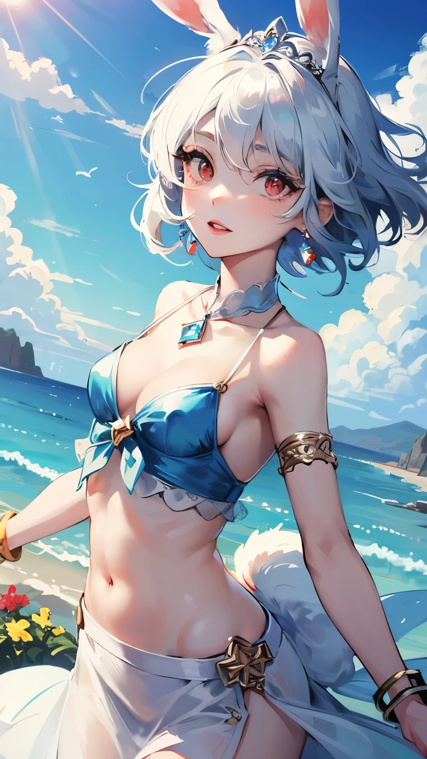 young girl iridescent white hair rabbit ears white dress short hair big jewelryが付いたドレス Dresses with large slits dress that opens below the navel irreverent face look down thin body thin thighs small breasts small ass toned body wrist bracelet jewelry bracelet tiara with jewels sun ripped abs Skirt Dresses blue sky big cloud slanted eyes white skin I can see your nipples I can see your belly button high quality High resolution 8K waving in the wind See-through perfection symmetrical big jewelry Beautiful red eyes beautiful goddess Portrait grassland bikini