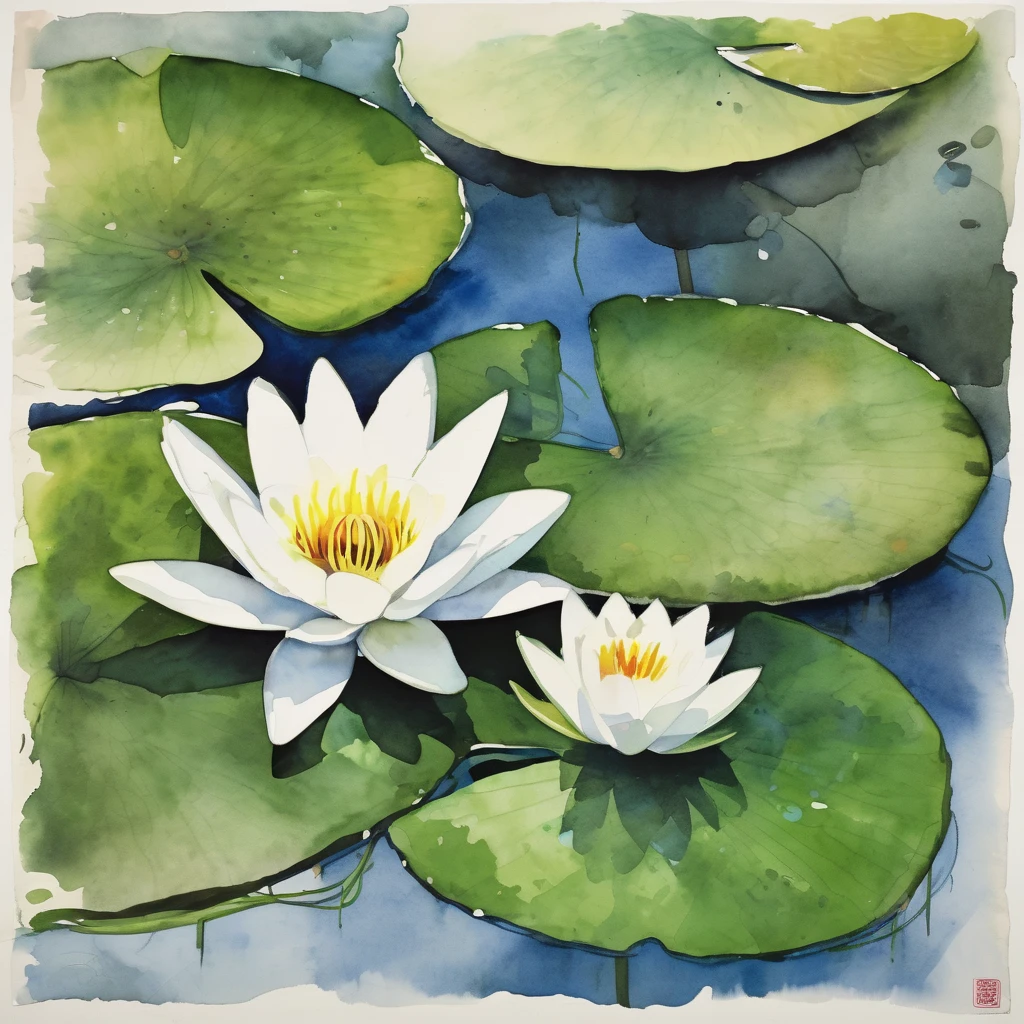 A frog on a lily pad in a pond, (painted in watercolor on rice paper) (art style of Wu Guanzhong)