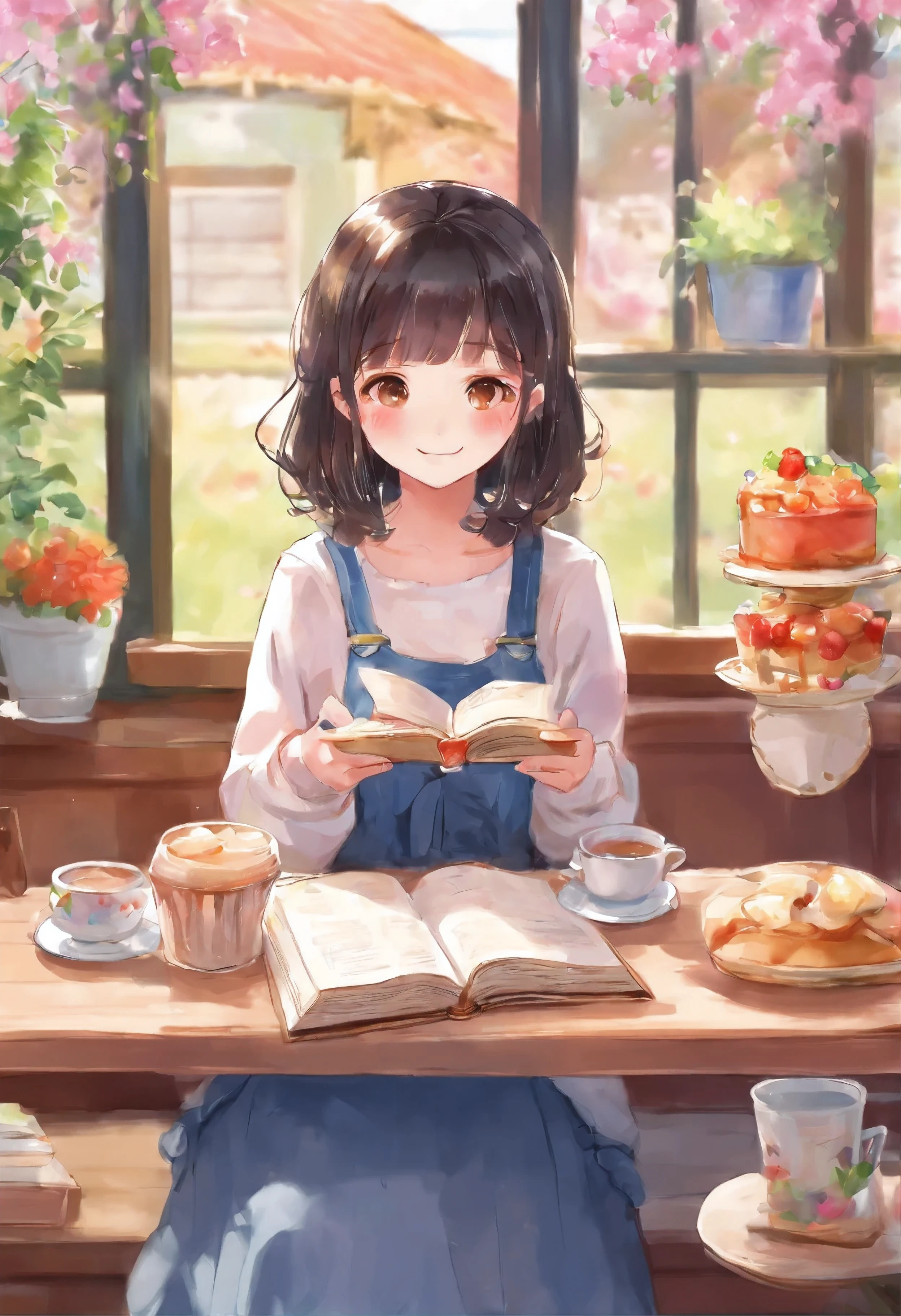 watercolor style、digital art、black hair bob、Korean beautiful girl、realistic、Cafe Background、reading a book、cake and coffee on the table