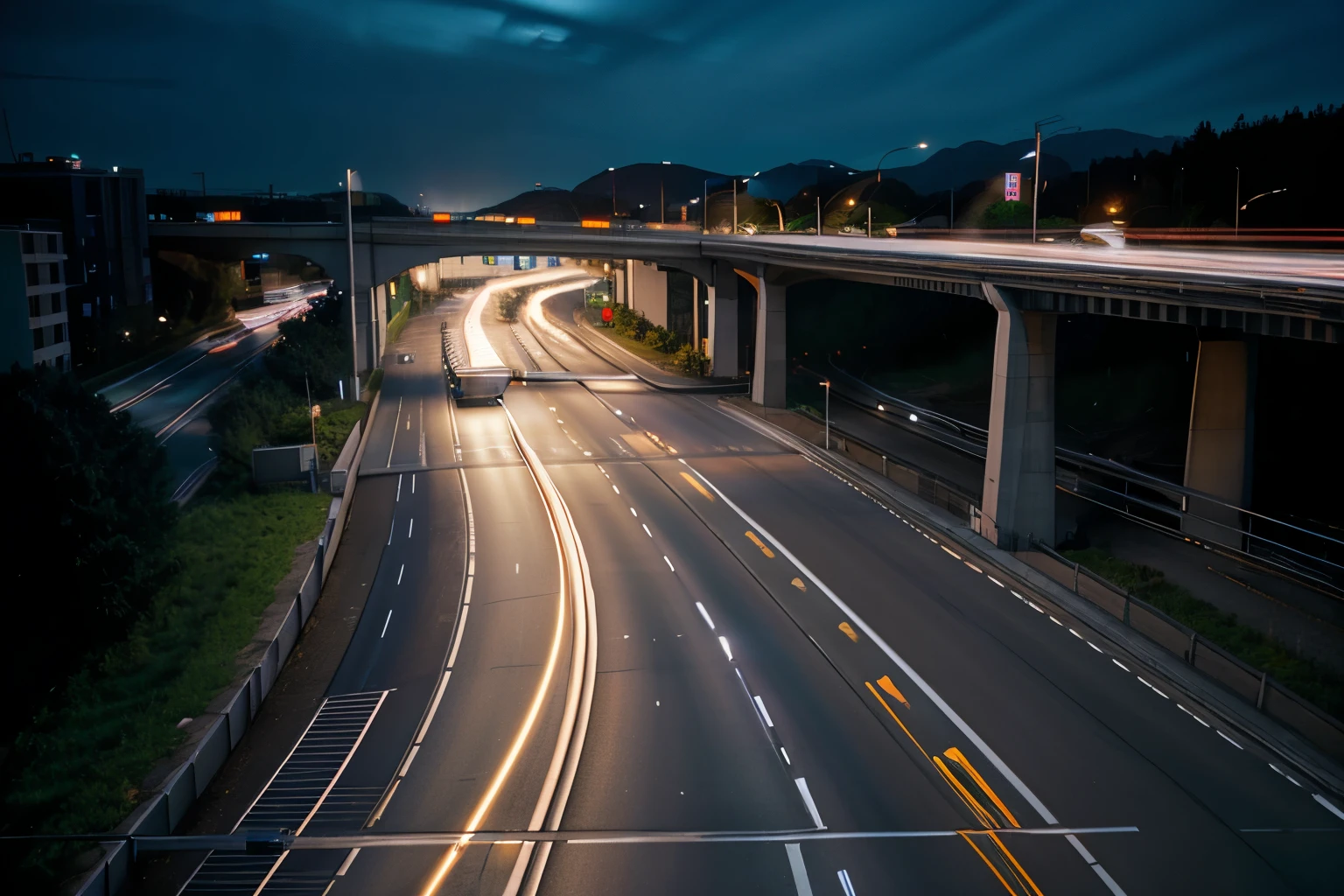 A mesmerizing long-exposure photograph of light trails from passing vehicles on a futuristic highway, illustrating the intersection of technology and transportation.
