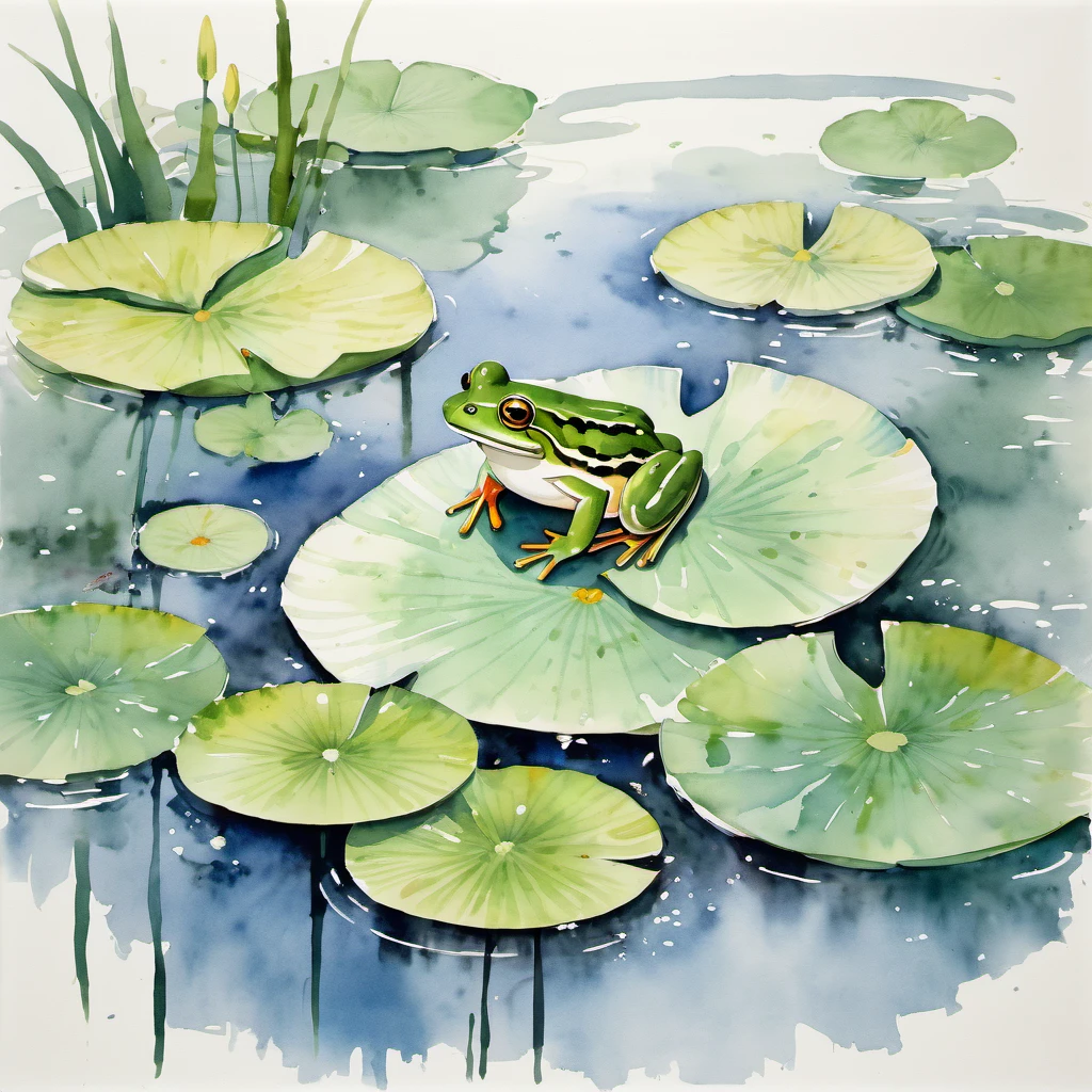 A frog on a lily pad in a pond, (painted in watercolor on rice paper) (art style of Wu Guanzhong)