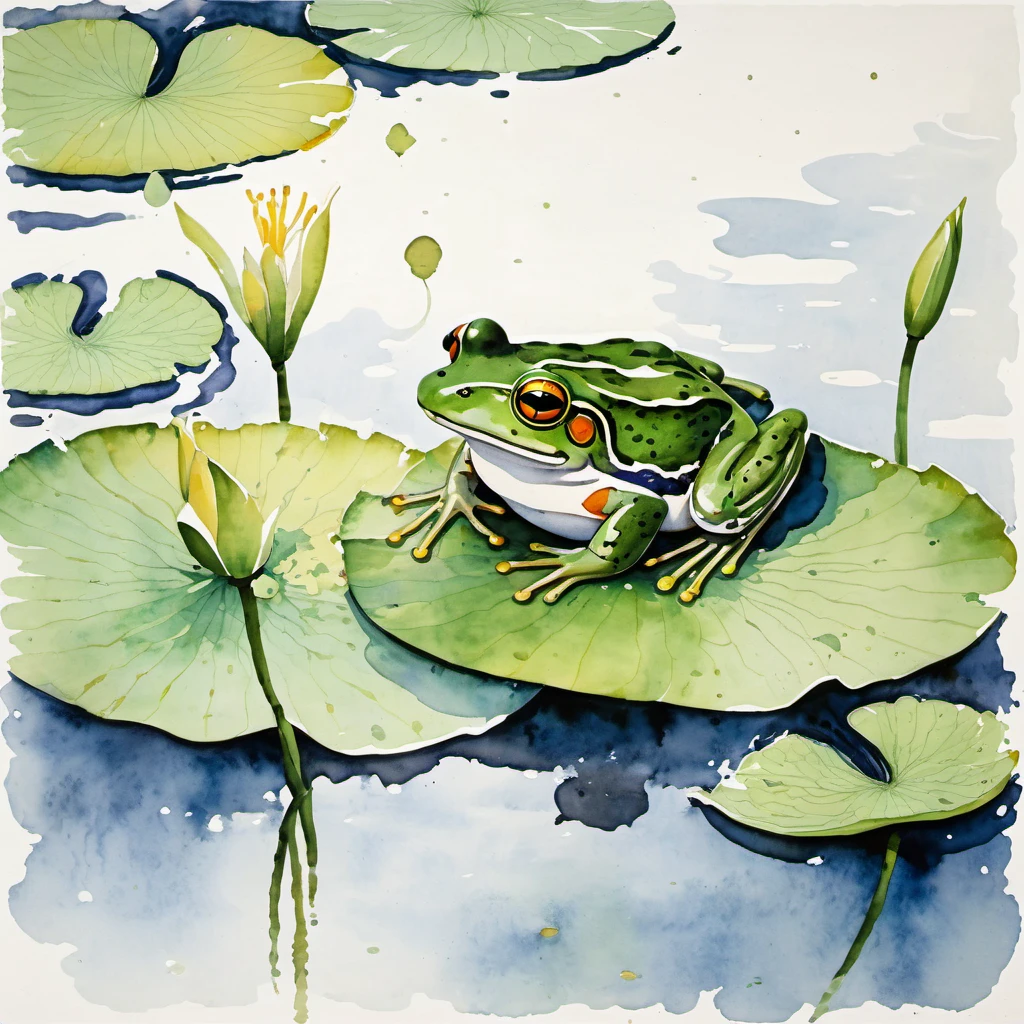A frog on a lily pad in a pond, (painted in watercolor on rice paper) (art style of Wu Guanzhong)