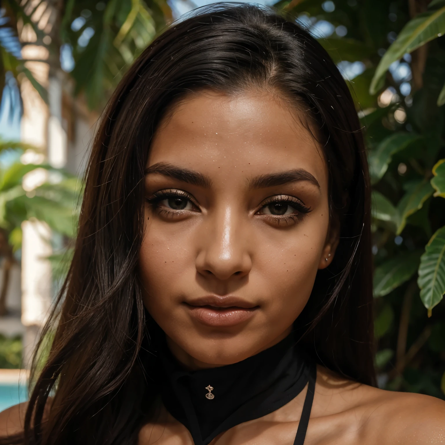 Mulher, pele caucasiana, cabelo preto escuro brilhante, olhos castanhos claros, olhos redondos, sombrancelha grossa, nariz fino, boca carnuda, queixo redondo