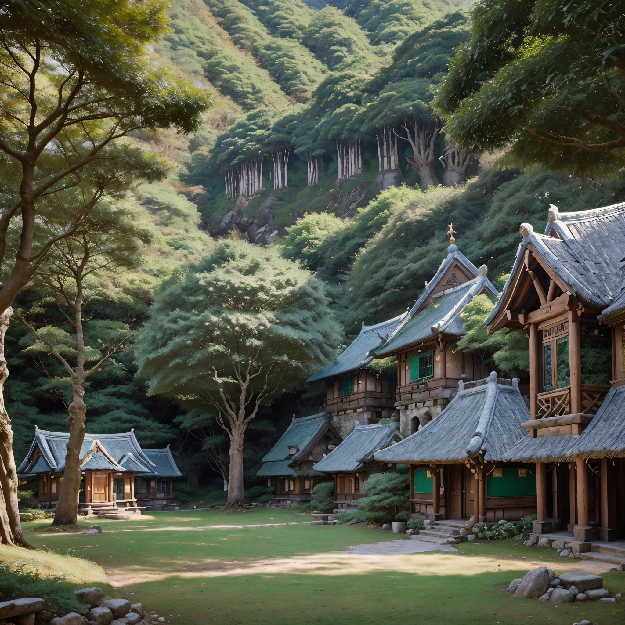 (Art style of: Wu Guanzhong), (An elven village built in large trees on the side of a sacred mountain)