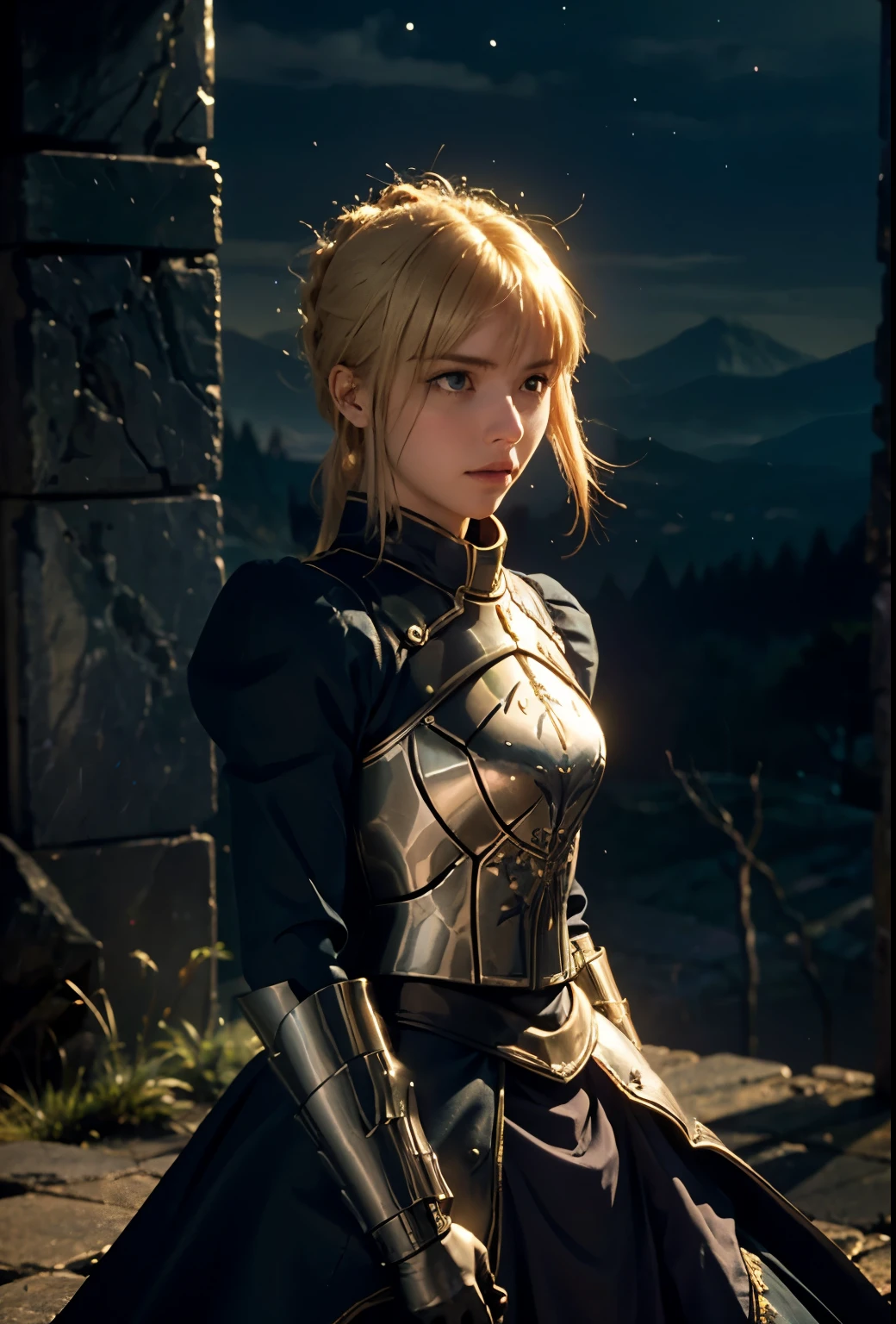 Imagine a hyper-realistic depiction of Saber from Fate, transformed into a knightly figure of our own reality. Her hair, a pale blonde, is cut in a practical yet elegant style, framing her face with a soft fringe and flowing layers. Her eyes, a piercing shade of green, are filled with determination and a hint of the legendary spirit she embodies.

Her armor is a masterful combination of historic craftsmanship and modern metallurgy, providing both protection and regal dignity. It is adorned with intricate engravings and filigree, shimmering under the moonlight, and her gauntlets are finely articulated, allowing for both strength and grace in combat.

Saber stands before a mesmerizing nightscape, where the celestial dance of stars and nebulae paint the heavens in hues of deep blue and violet. The subtle glow of her Excalibur casts a gentle light, its blade reflecting the ethereal beauty of the night sky. This setting is a fitting juxtaposition to her character—a beacon of hope and valor in a world filled with wonder and the unknown.”