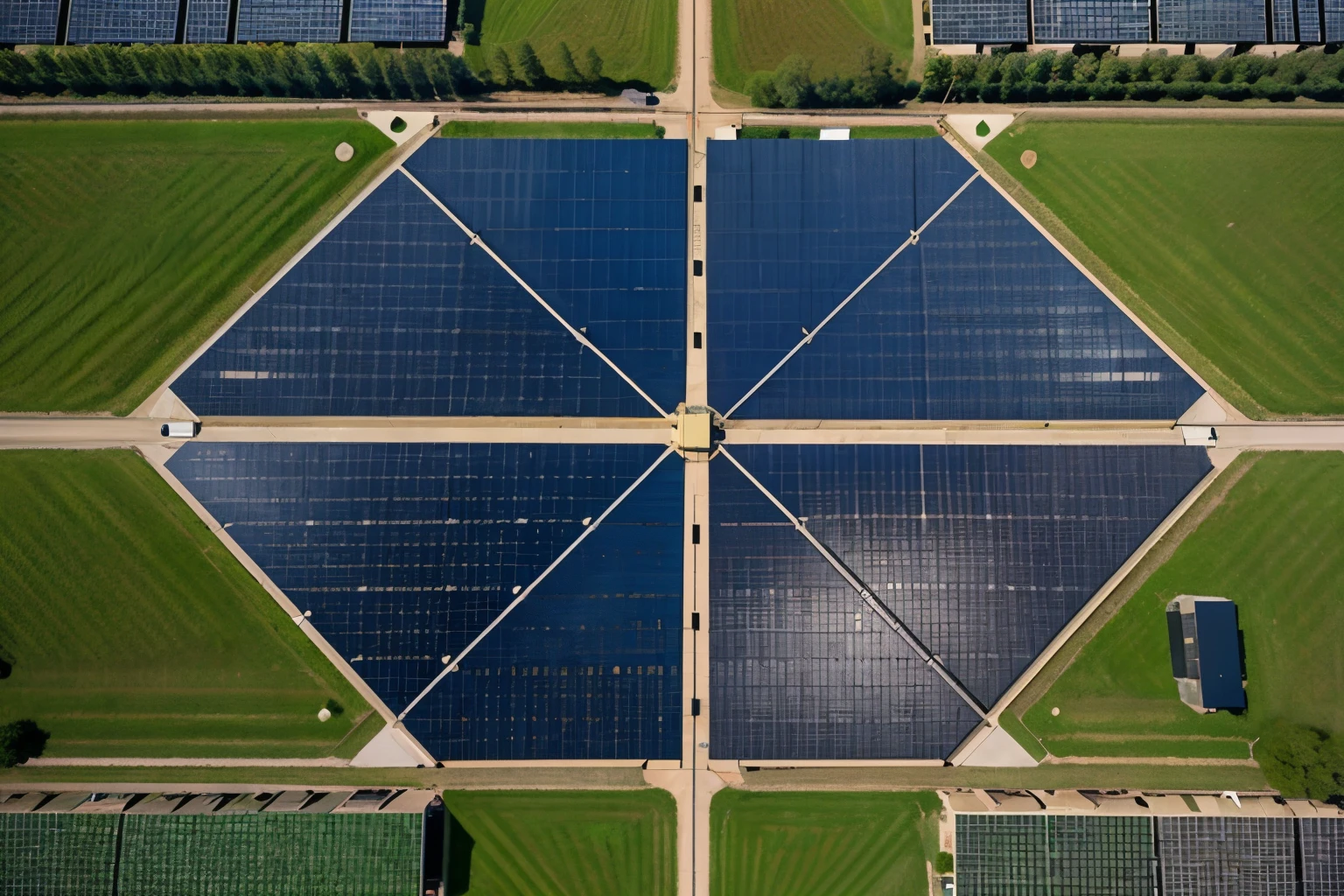 An aerial drone photograph capturing the geometric patterns of a solar panel farm, highlighting the elegance of renewable energy technology.