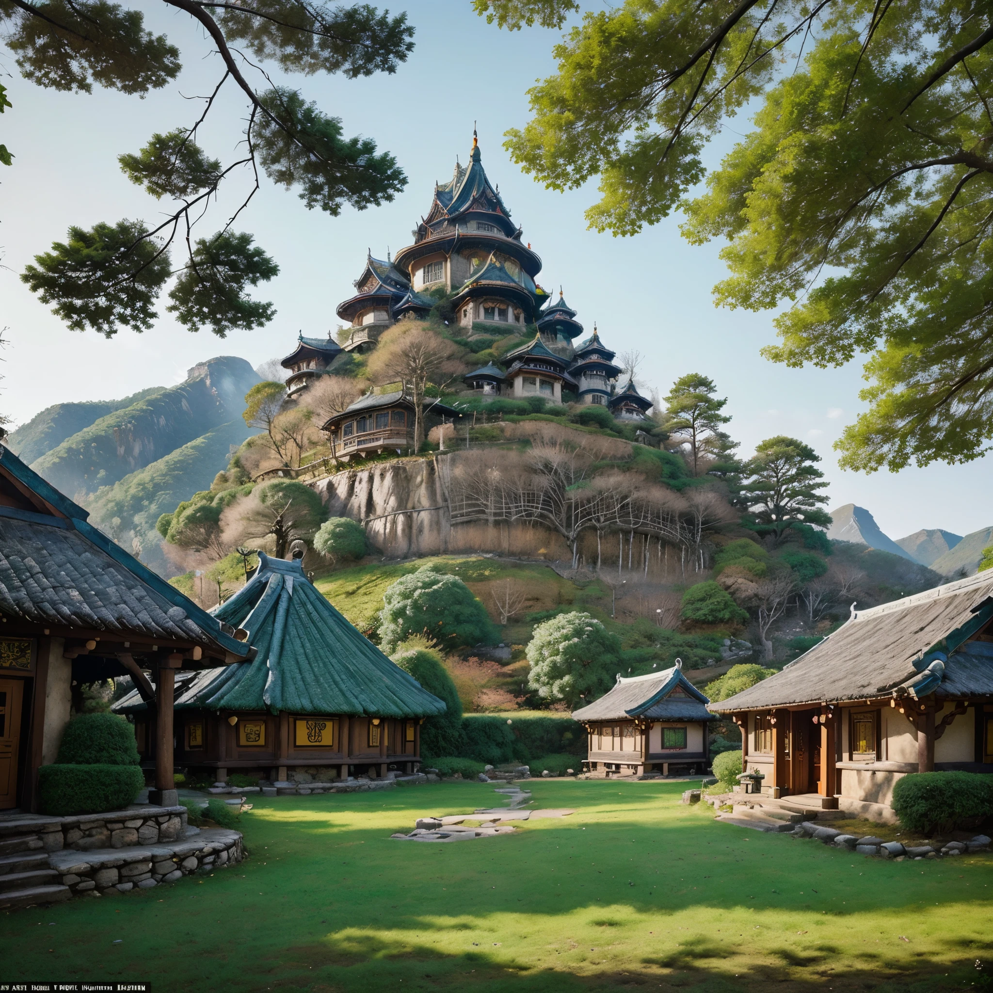 (Art style of: Wu Guanzhong), (An elven village built in large trees on the side of a sacred mountain)
