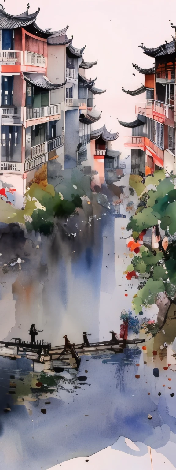 blurred picture style, wet-in-wet, watercolor painting, ink painting, best quality, paintings by Wu Guanzhong, scenery and memories of his hometown where he was born and raised