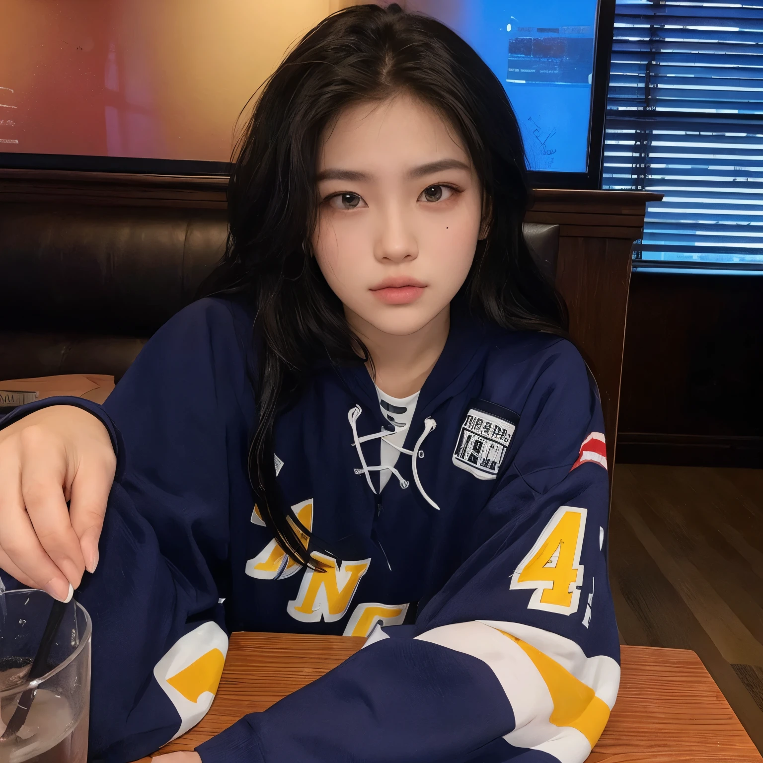 Arafed woman sitting at a table with a glass of water, 18 anos de idade, de 19 anos, imagem de perfil, gema chen, taejune kim, vestindo camisa da NBA, 2 modelo feminino de 4 anos, taken at the beginning of 2020, Bella Poarca, Retrato de Jossi do Blackpink, Violeta Myers