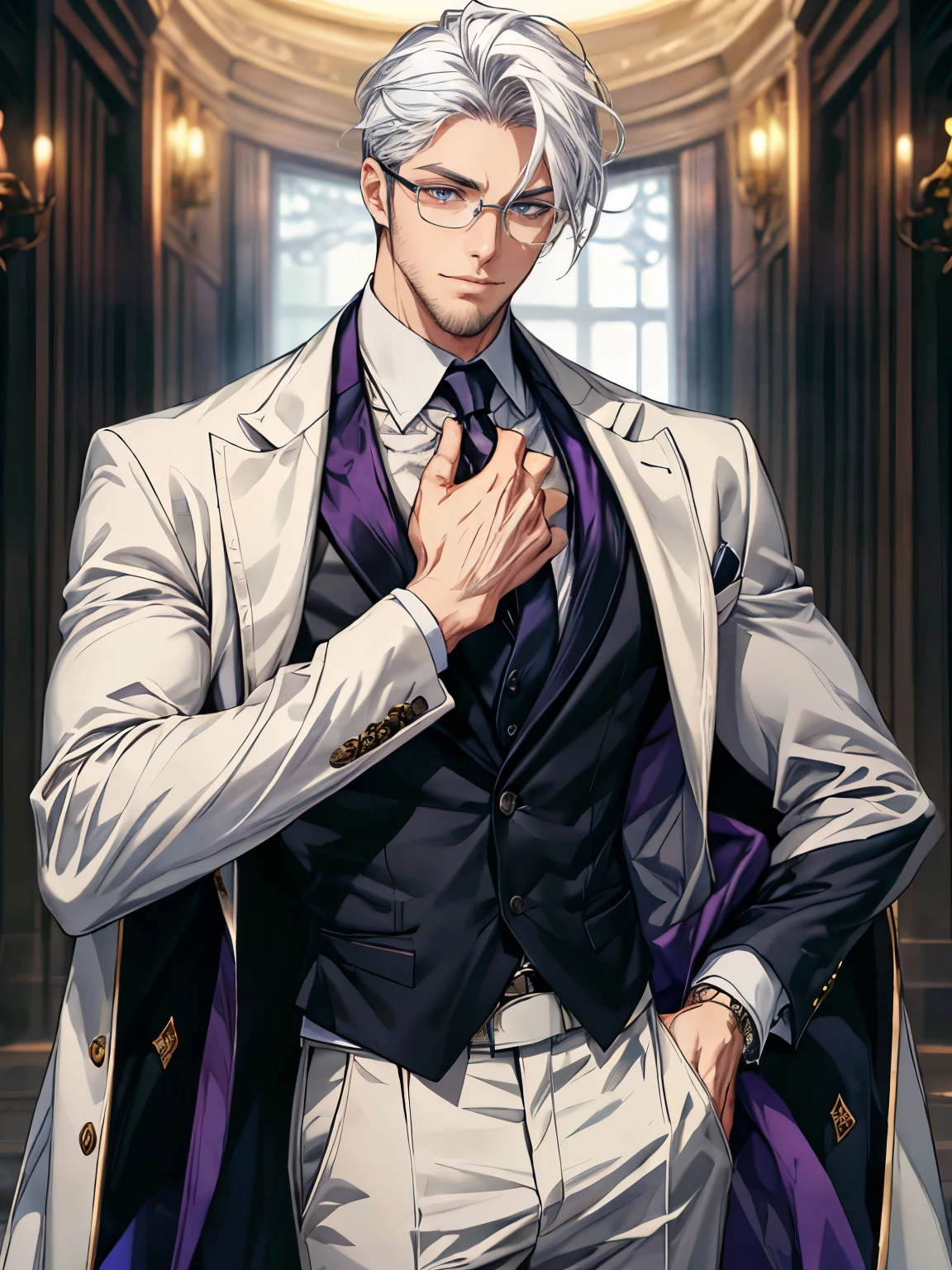 （expression：gentle）、（Mouth：Smile）、（Eyes looking into the camera），uncle，middle aged male tall，masterpiece, best quality, lifelike, 1 boy, alone, male focus, looking at the audience, , （beard：goatee）,An attractive and refined man with white hair, dressed in a sleek white suit, and paired with purple eyes that seem to peer into one's soul, sportive glasses that add a scholarly touch to his demeanor. His tall and lean figure is both commanding and graceful, exuding an aura of professionalism and approachability. Despite his powerful psychological abilities, he remains ethical and uses his skills to help others.