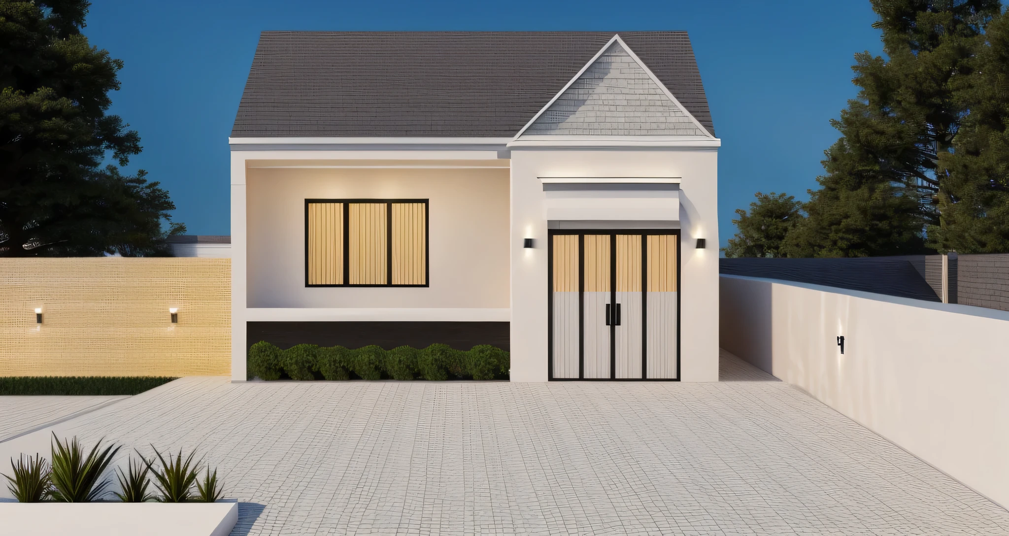 Realistic images, extremely detailed, a modern house, 1 road in font of house, large yard made by ceramic, (1 car), brick fence, lawn, a few small flowers, a road in front of the house, main materials of the house are white walls and red brick, Modern design, clear blue sky, sunrise light, light from inside, dynamic light,shimering light, cinematic light, romantic feeling, (((day light, warm light)))