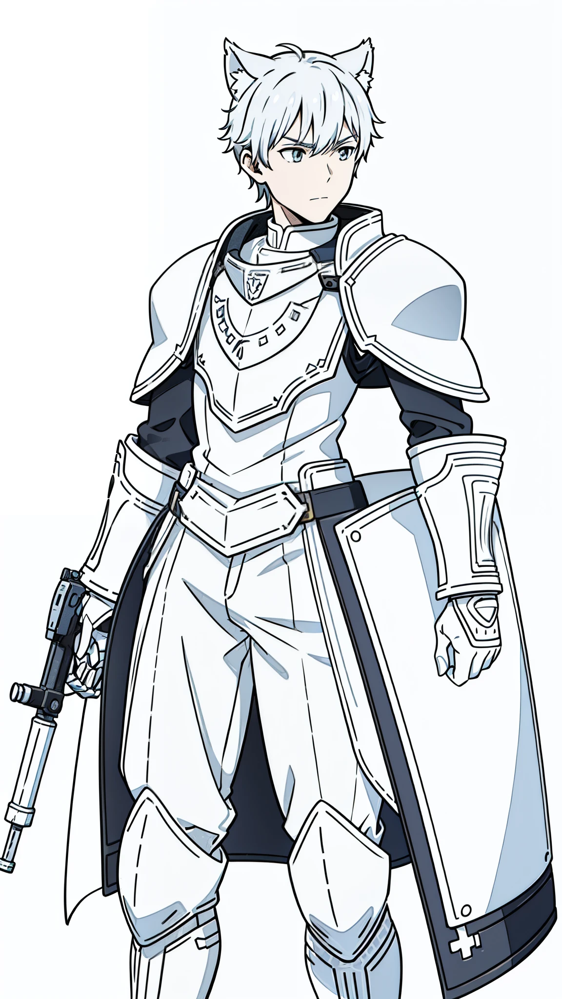 (1boy,),medium hair,solo,white armor,silver hair,wolf ears,(cowboy shot),(white background,line drawing),looking around,serious,from front,