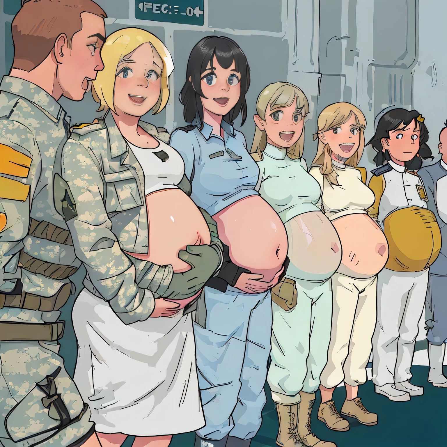 The soldiers were surprised，Pregnant woman smiling