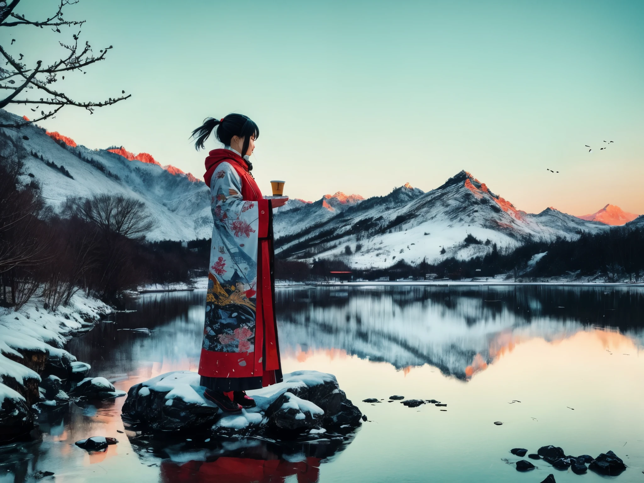 Wu Guanzhong's style is an artistic expression that combines traditional Chinese ink techniques and Western painting concepts. It is characterized by a modern interpretation of traditional themes, creating unique visual effects through color and line. A girl, winter, lakeside