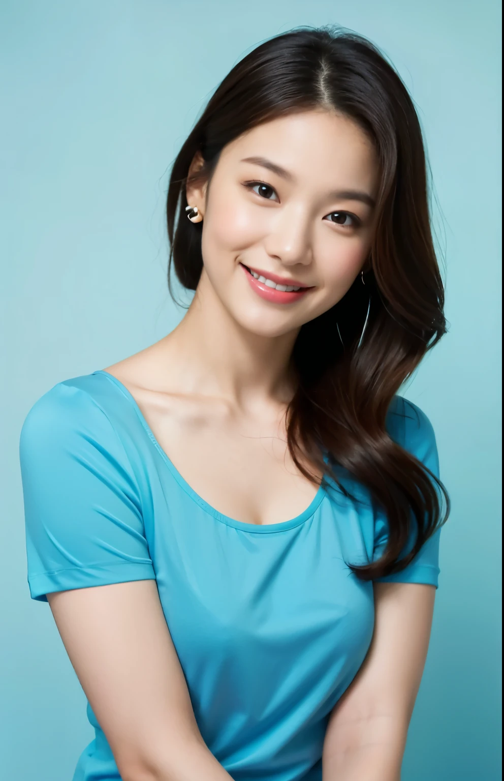 Best quality, masterpiece, ultra high res,(photorealistic:1.4),1girl, smile, blue short-sleeved T-shirt, in studio, pastel blue background,