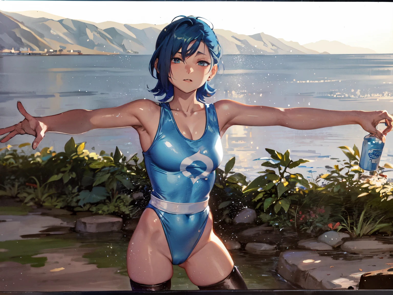 Anime girl wearing a blue high-leg leotard, Sexy pubic pose gesture,  sexy anime style, lotion skin,big breasts