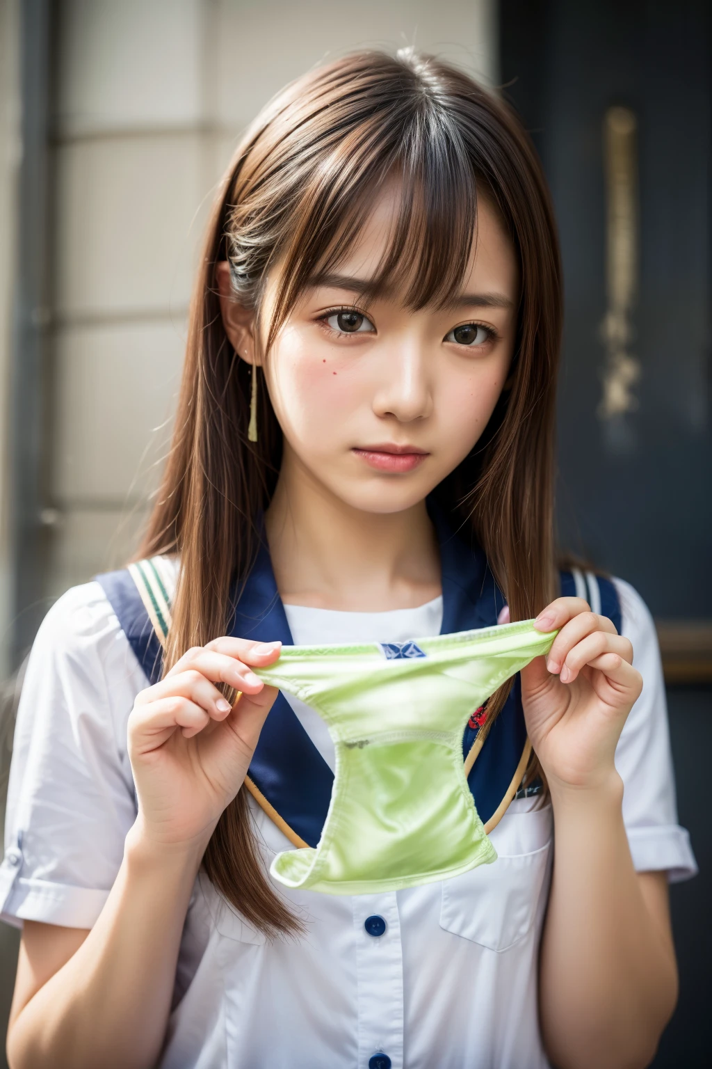 Very large light green panties、ponytail、Curly Hair、Young grass colored hair、Face is close、Close face、Panties in front、Showing panties、Very big panties、Pretty big panties