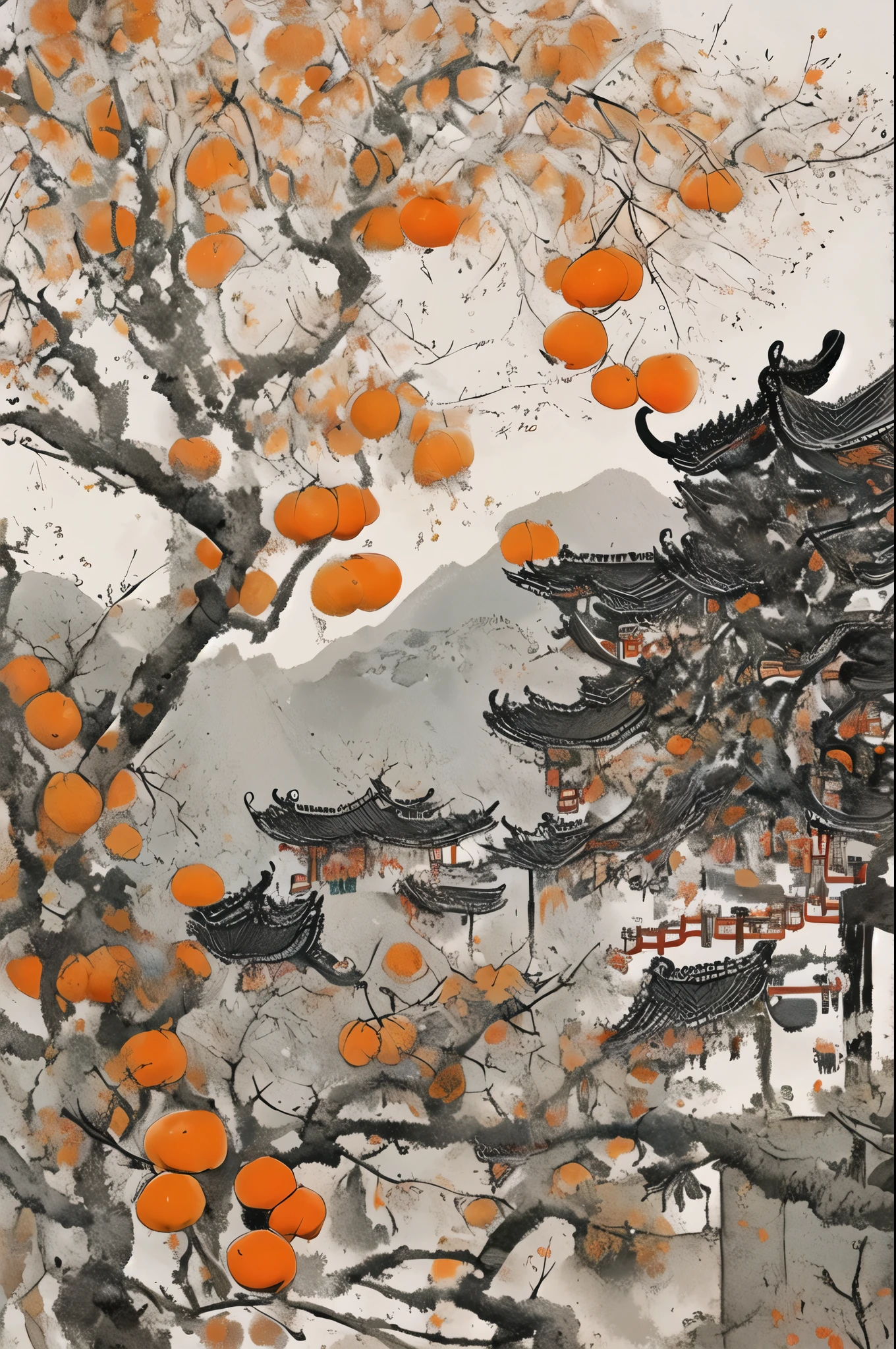 chinastyle,Wu Guanzhong, ink and wash, looming mountains in the distance, persimmon trees grow on the hills,shizishu, near there is a persimmon tree with orange persimmons growing on the tree