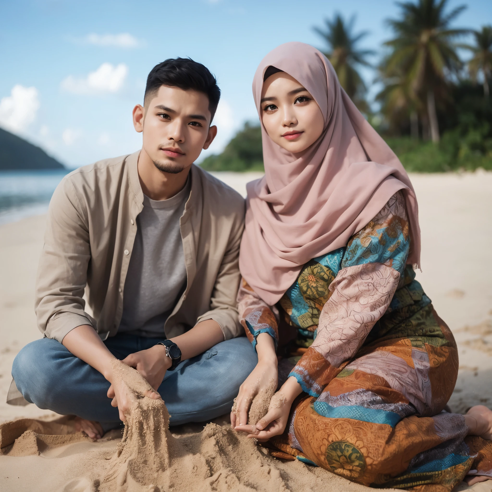 outdoor photo, featuring an Indonesian family portrait with 2 members. Father 30 yo clean face (very short hair) wearing a shirt, a mother 30 yo wearing a long hijab syari and islamic long dress. All wearing colorful safari clothes, sitting and playing in the sand, background of a beautiful beach, there is a big Komodo and a big hill, coconut trees, professional photography, sunset.