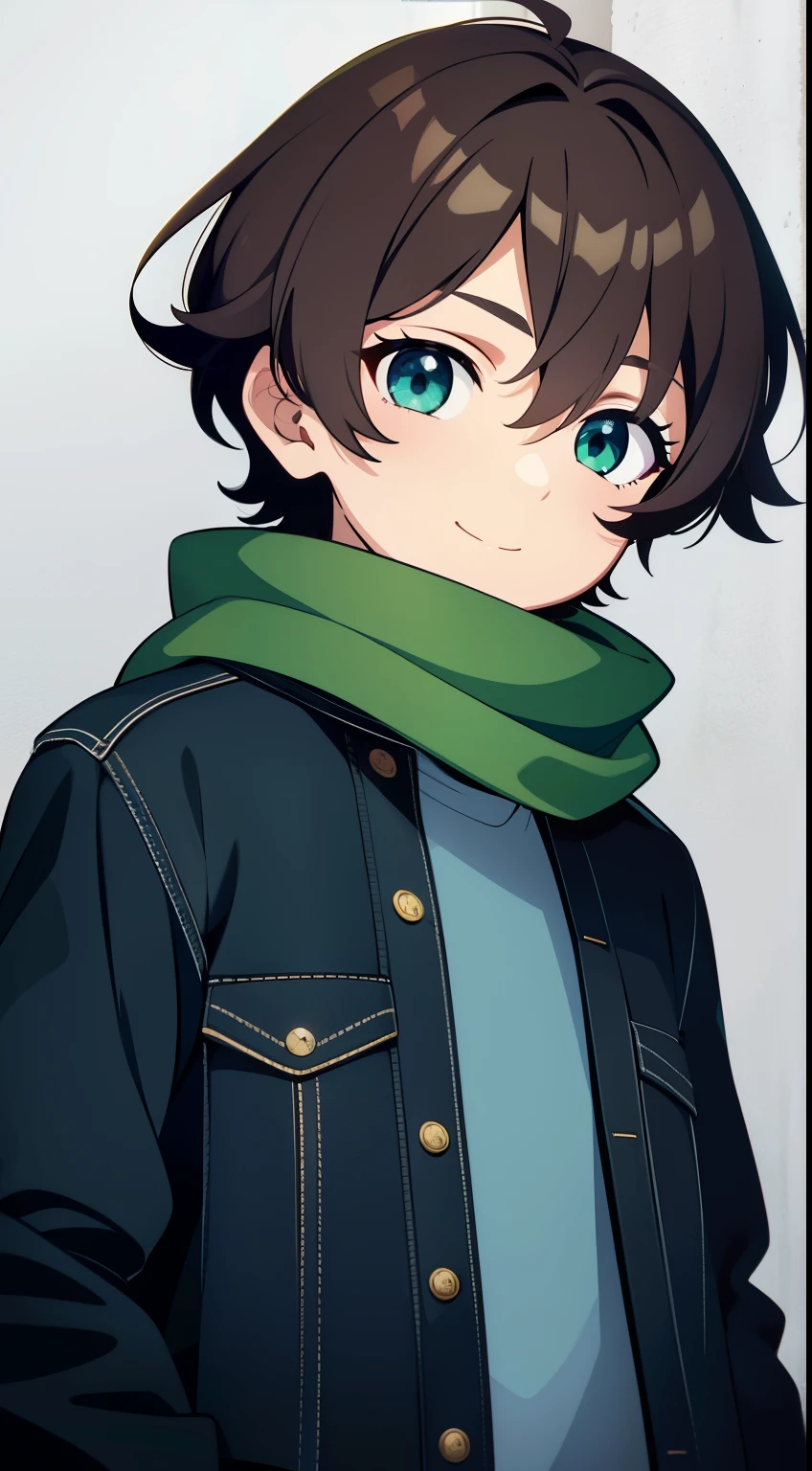 (high-quality, breathtaking),(expressive eyes, perfect face), 1boy, male, solo, grey background, dark brown hair, green blue eye color, fluffy hair, short hair length, wavy hair, green scarf, long sleeved black denim jacket, dark blue cotton shirt, childrens clothing, 4 leaf clover, age 6, cute face, soft round eyes, cute smile, adolescent age, ??? age, short, open jacket