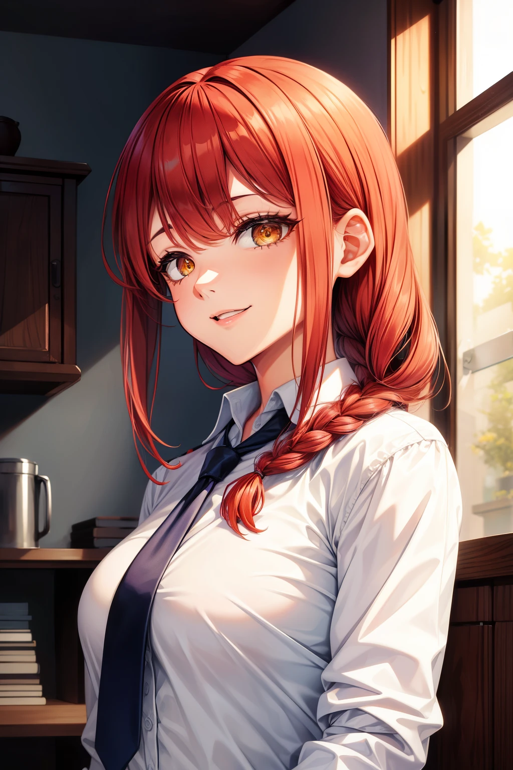 (masterpiece, highest quality:1.2), hand, Side view, super detailed, 1 girl, alone, Are standing, redhead, long braided hair, golden eyes, bangs, medium breasts, white shirt, tie, stare, smile, (evil:1.2), looking at the viewer, (interview:1.3),